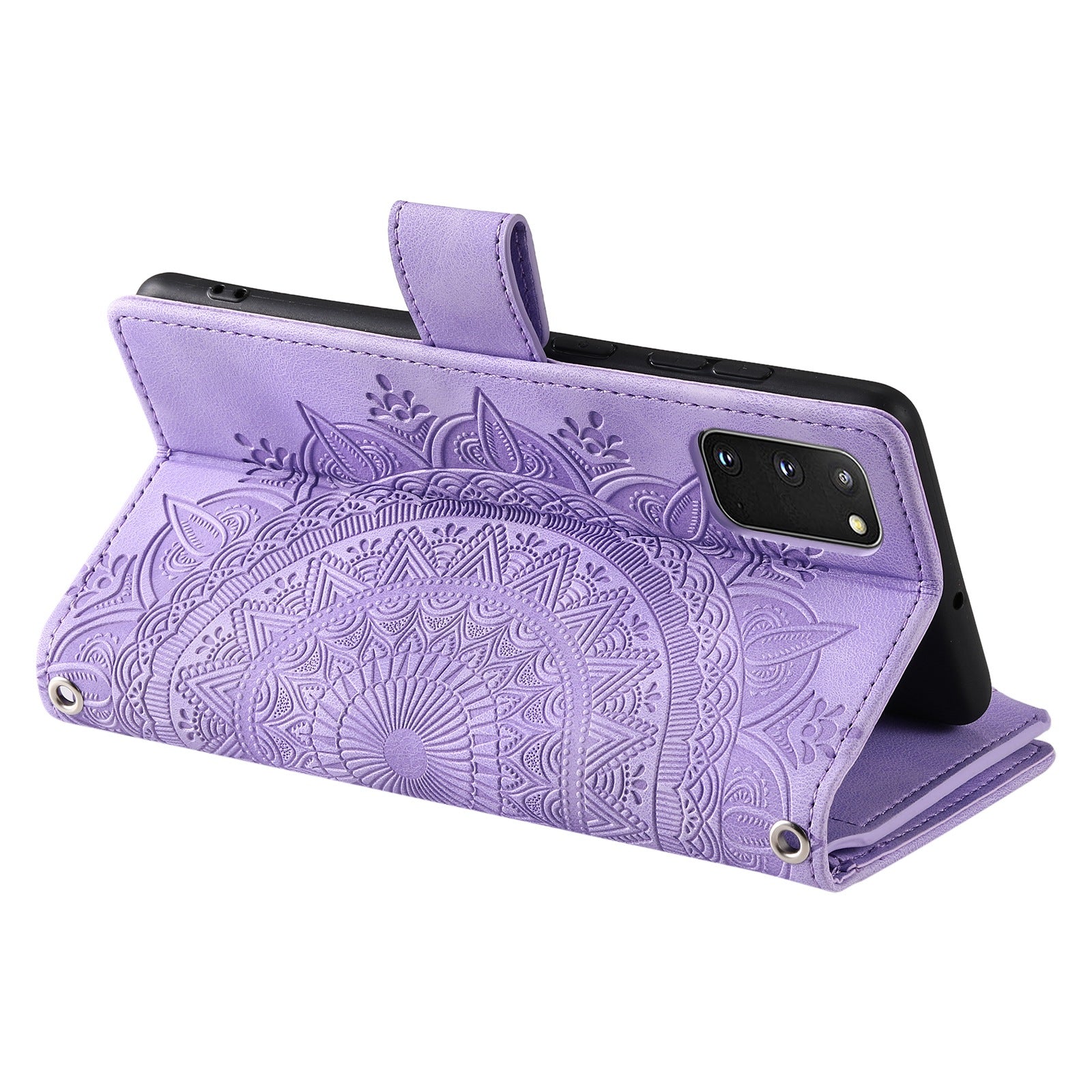 For Samsung Galaxy S20 4G / S20 5G Shockproof Case Mandala Flower Imprinted PU Leather Cover Magnetic Clasp Multi Card Slot Protective Cover with Zippered Wallet / Strap - Purple