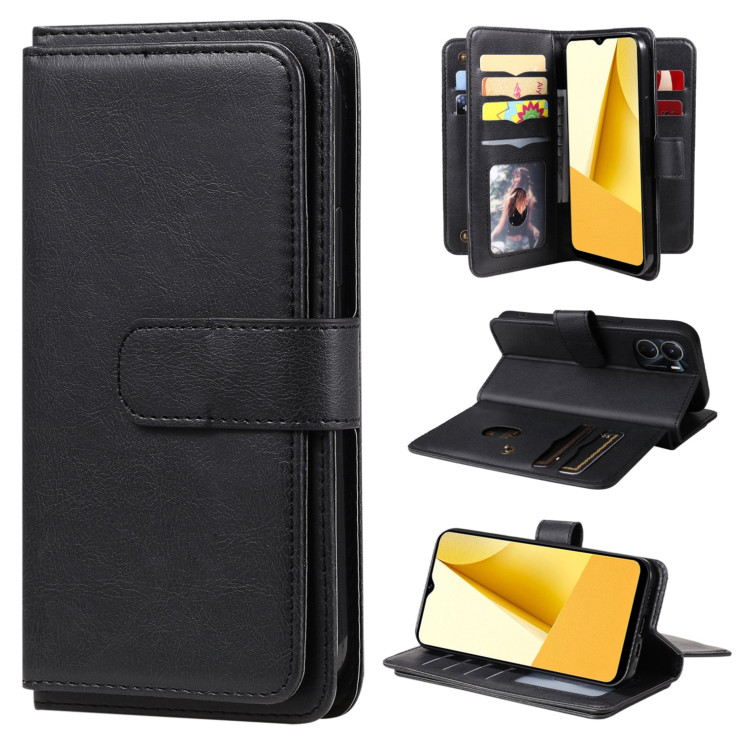 KT Multi-functional Series-1 Anti-fall Phone Case for vivo Y16 4G / Y02s 4G, PU Leather Wallet Stand Magnetic Clasp Phone Cover with 10 Card Slots - Black