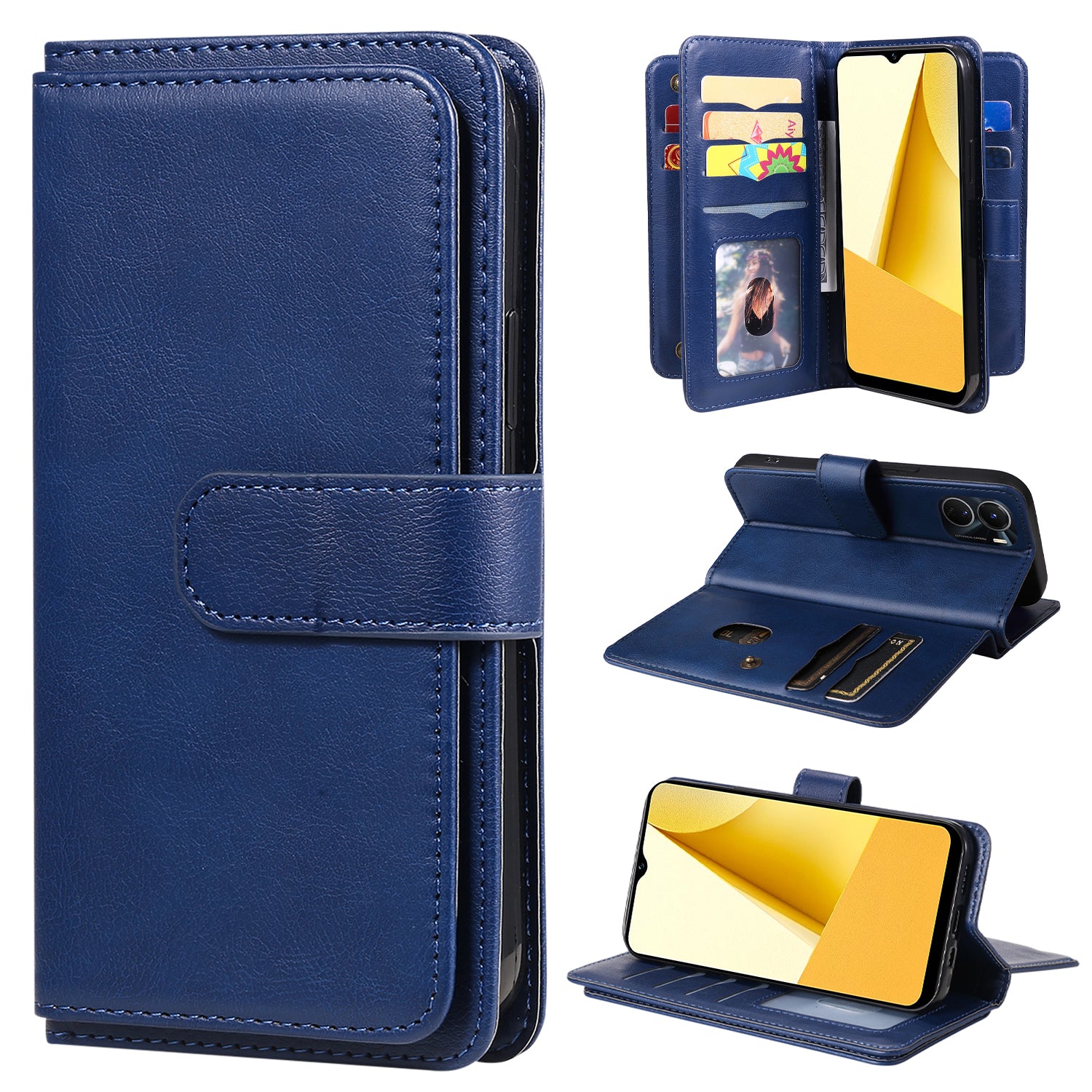 KT Multi-functional Series-1 Anti-fall Phone Case for vivo Y16 4G / Y02s 4G, PU Leather Wallet Stand Magnetic Clasp Phone Cover with 10 Card Slots - Dark Blue