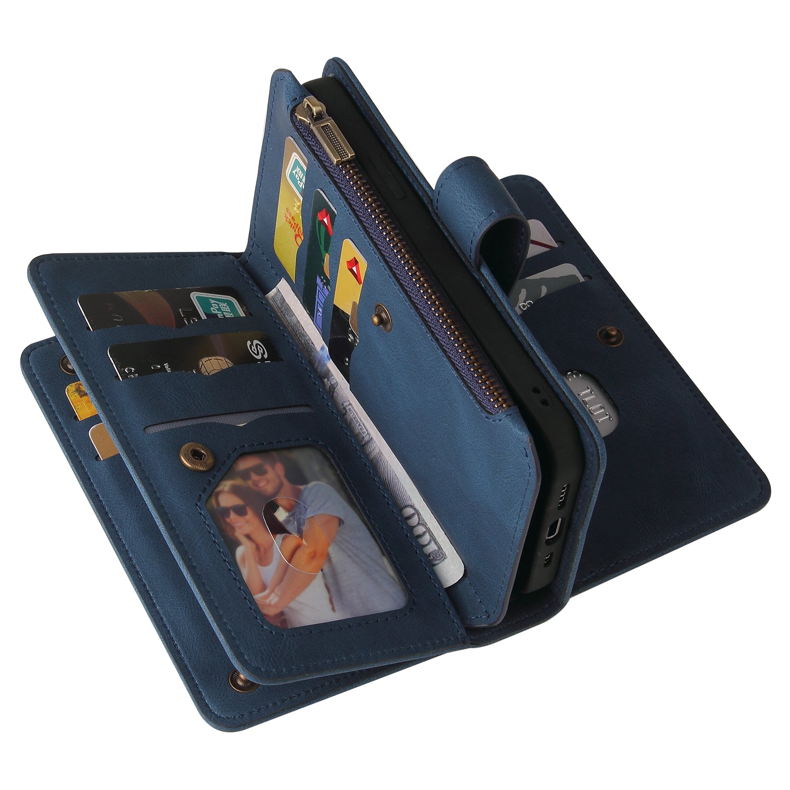 For vivo Y16 4G / Y02s 4G KT Multi-Functional Series-2 Skin-touch Feeling Foldable Stand Wallet Flip Leather Case with Multiple Card Slots Zipper Pocket - Blue