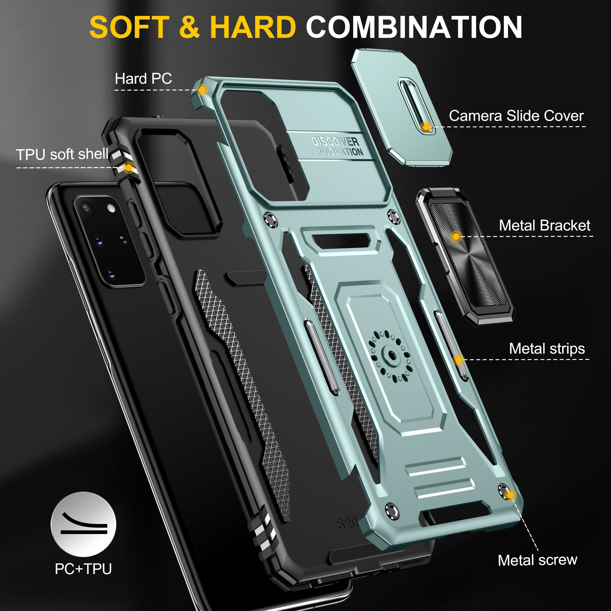 Armor Series for Samsung Galaxy S20 Plus 4G / 5G PC + TPU Anti-drop Phone Case Kickstand Back Cover with Slide Camera Protector - Green