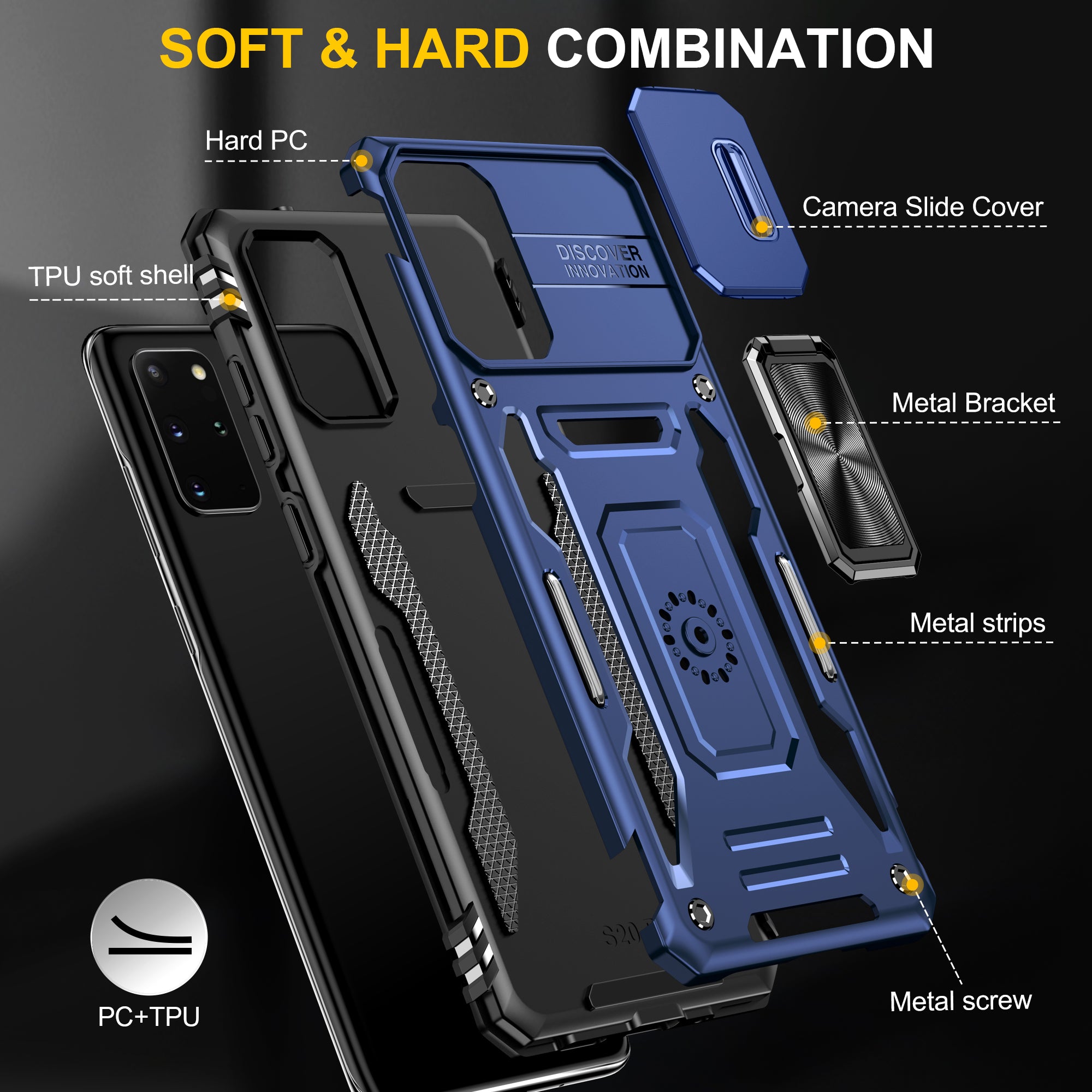 Armor Series for Samsung Galaxy S20 Plus 4G / 5G PC + TPU Anti-drop Phone Case Kickstand Back Cover with Slide Camera Protector - Navy Blue