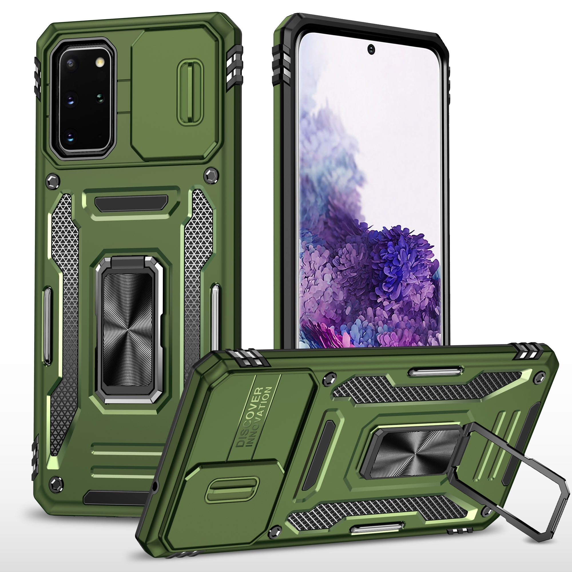 Armor Series for Samsung Galaxy S20 Plus 4G / 5G PC + TPU Anti-drop Phone Case Kickstand Back Cover with Slide Camera Protector - Olive Green