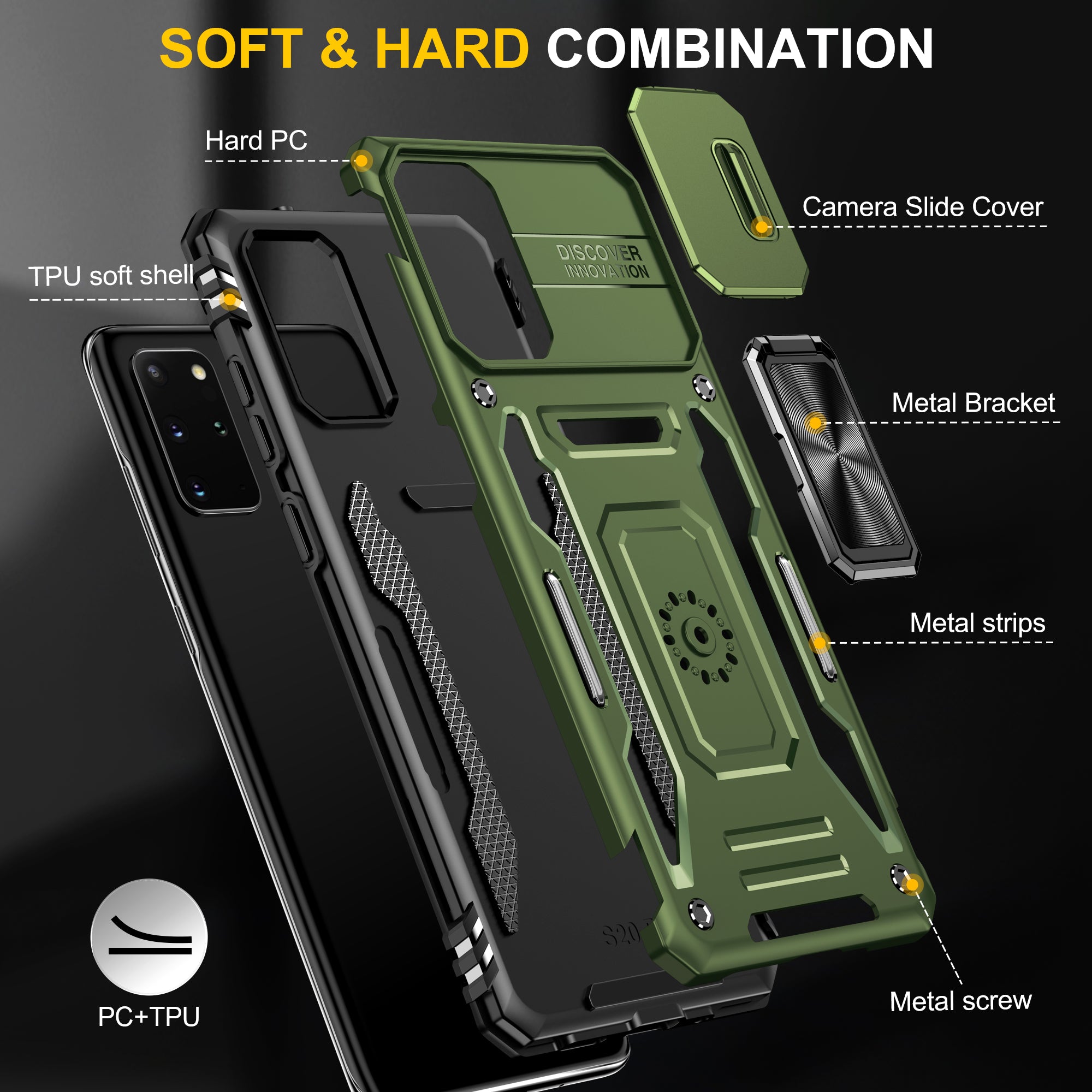 Armor Series for Samsung Galaxy S20 Plus 4G / 5G PC + TPU Anti-drop Phone Case Kickstand Back Cover with Slide Camera Protector - Olive Green