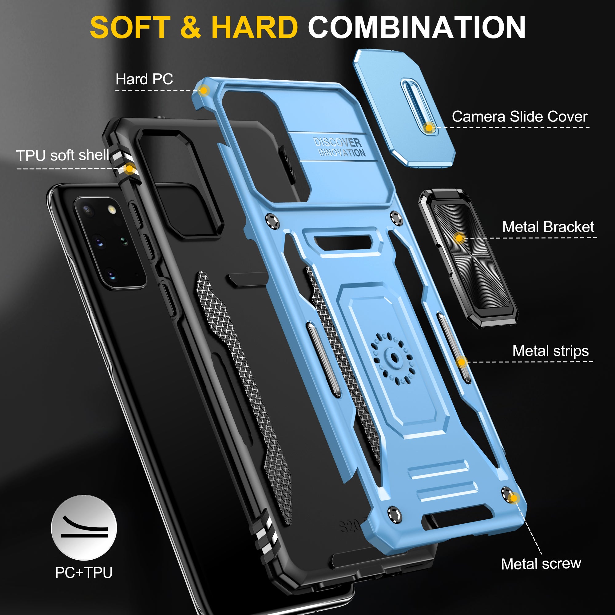 Armor Series for Samsung Galaxy S20 Plus 4G / 5G PC + TPU Anti-drop Phone Case Kickstand Back Cover with Slide Camera Protector - Sky Blue