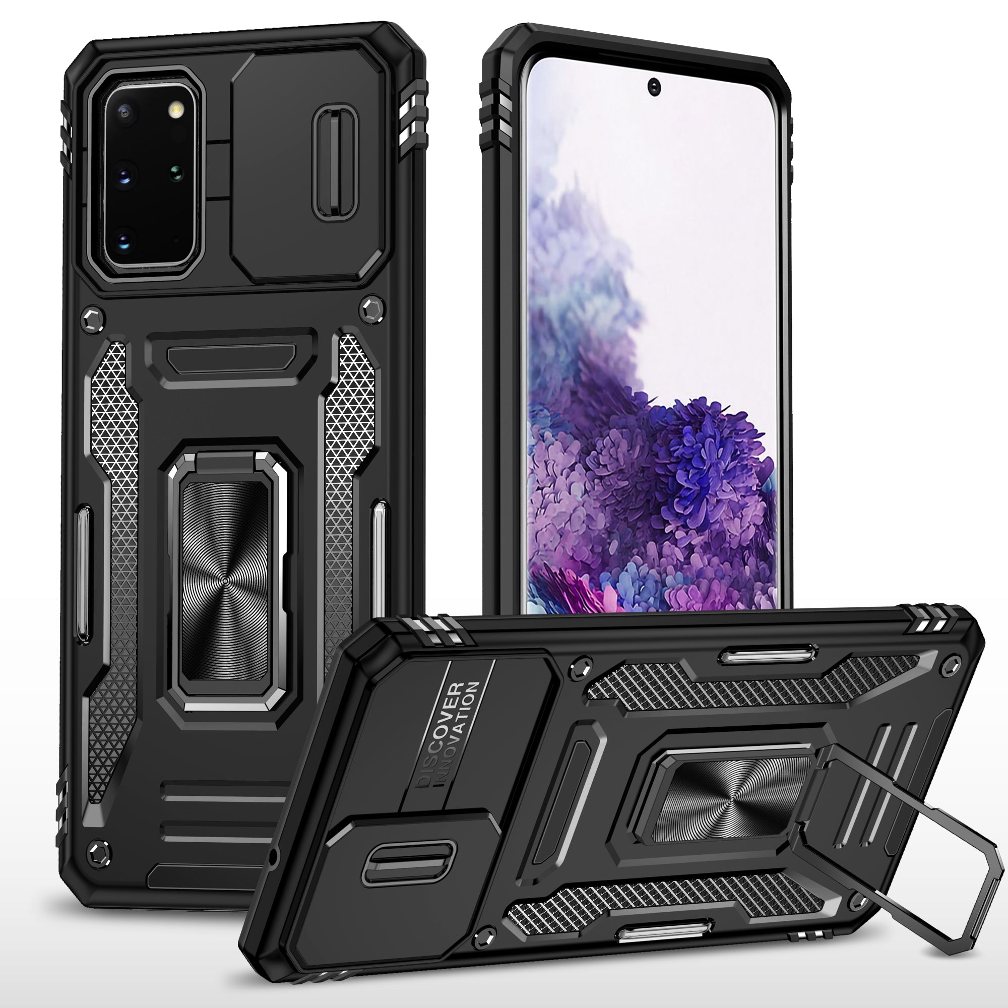 Armor Series for Samsung Galaxy S20 Plus 4G / 5G PC + TPU Anti-drop Phone Case Kickstand Back Cover with Slide Camera Protector - Black