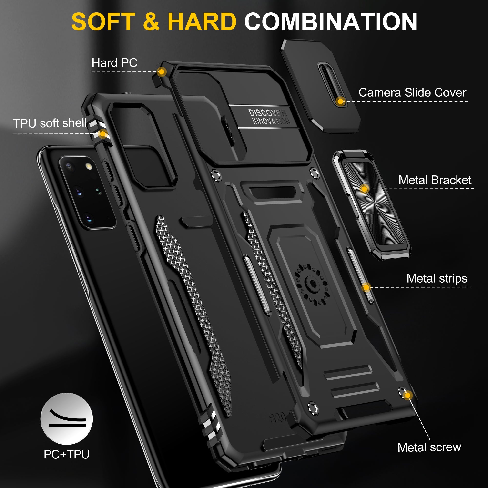 Armor Series for Samsung Galaxy S20 Plus 4G / 5G PC + TPU Anti-drop Phone Case Kickstand Back Cover with Slide Camera Protector - Black