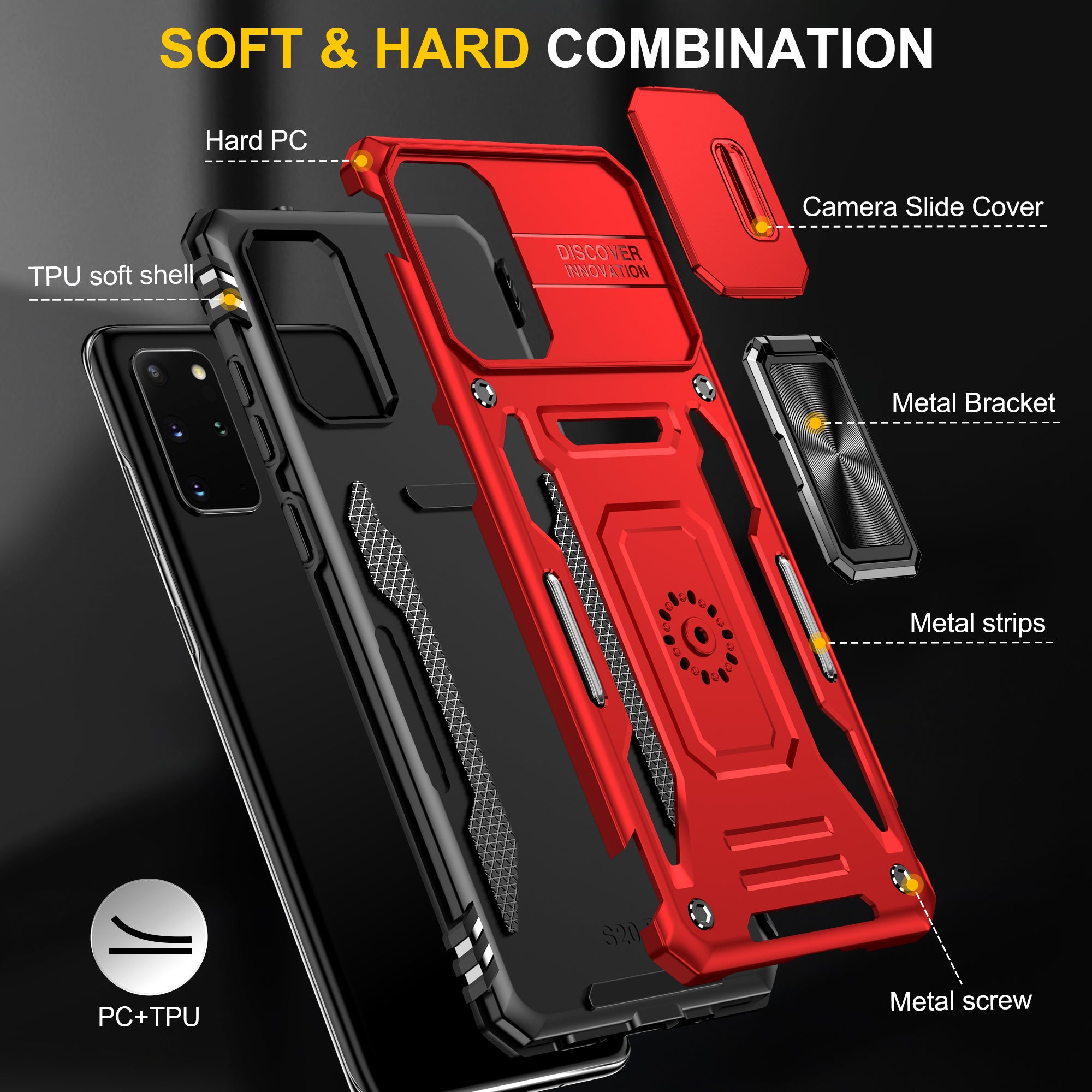 Armor Series for Samsung Galaxy S20 Plus 4G / 5G PC + TPU Anti-drop Phone Case Kickstand Back Cover with Slide Camera Protector - Red