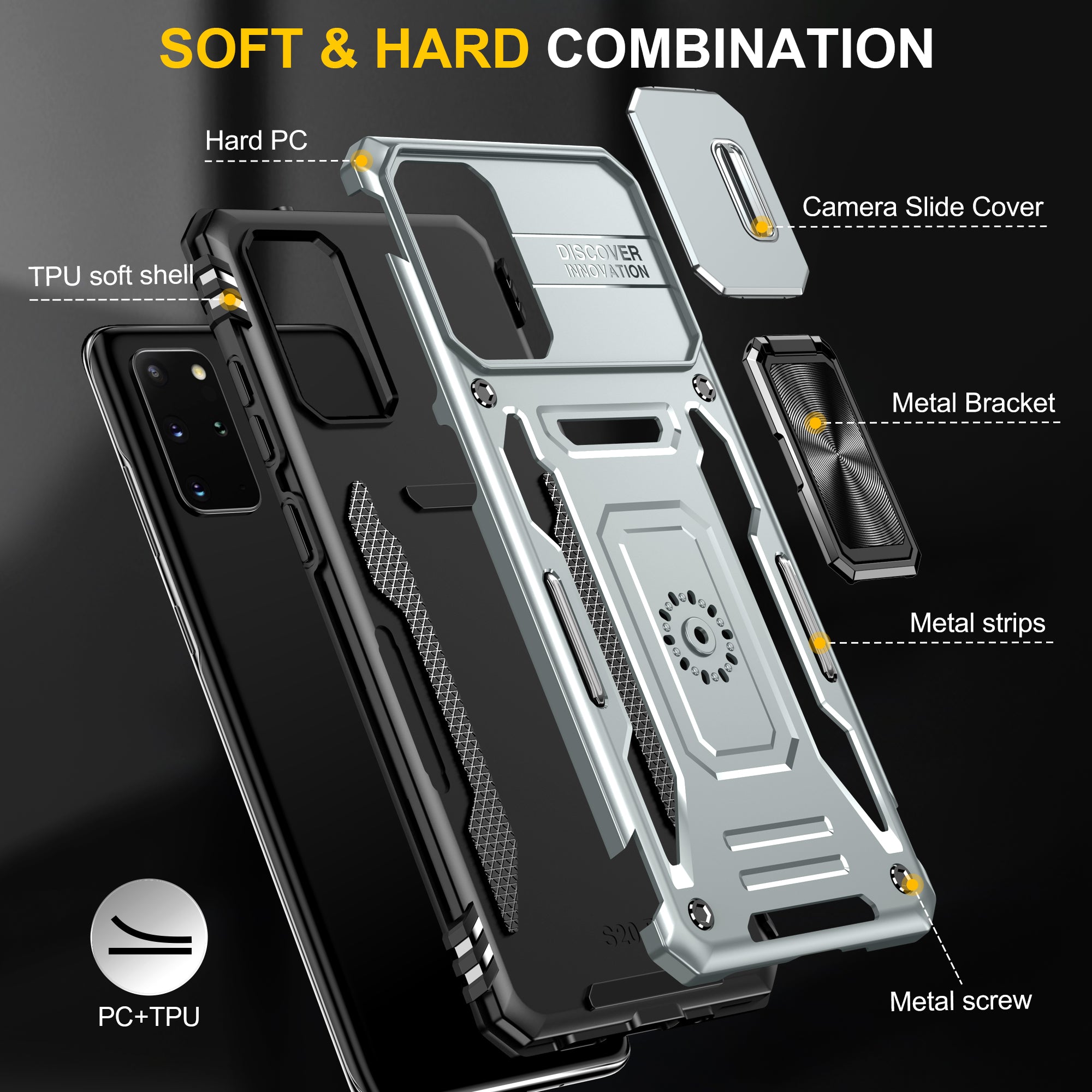 Armor Series for Samsung Galaxy S20 Plus 4G / 5G PC + TPU Anti-drop Phone Case Kickstand Back Cover with Slide Camera Protector - Grey