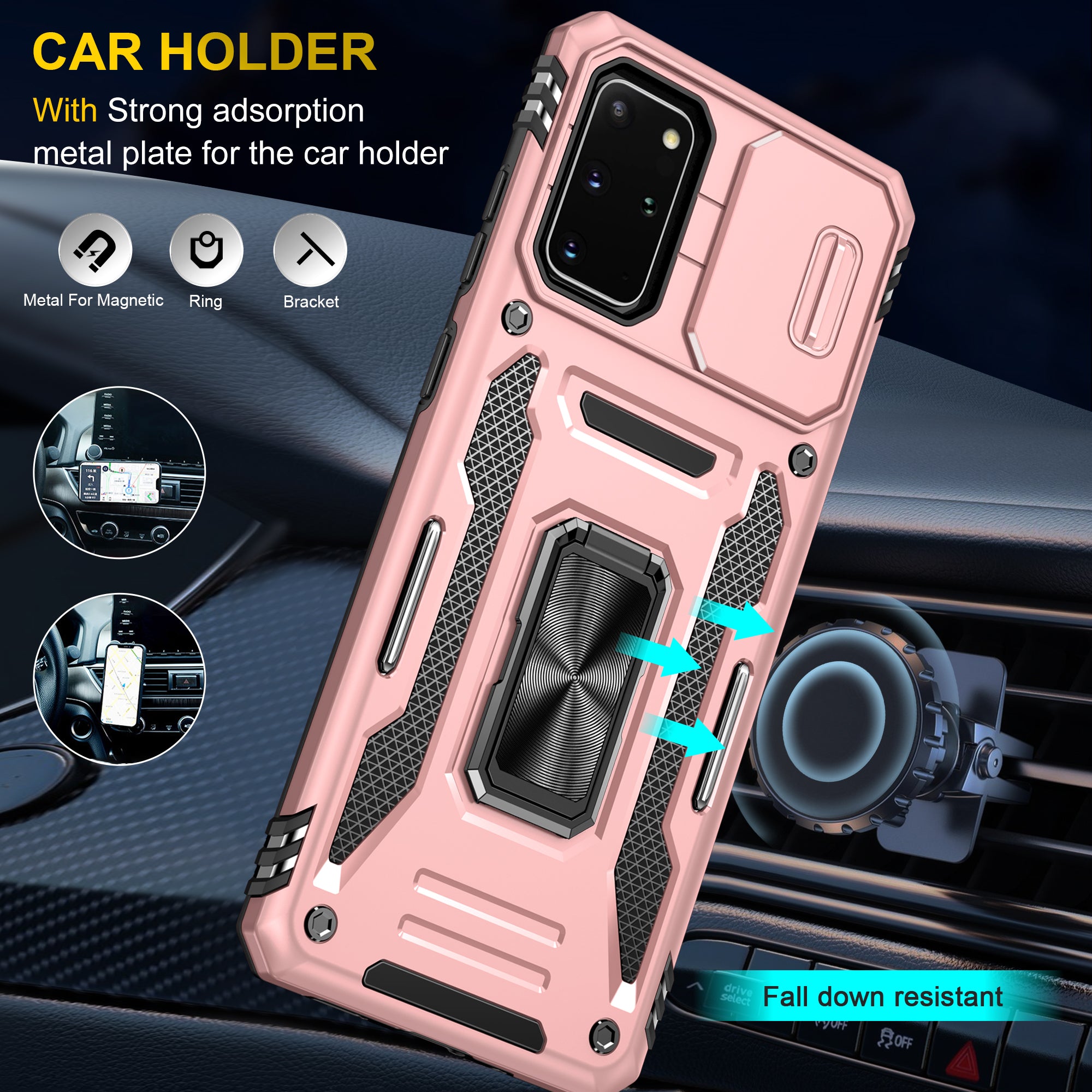 Armor Series for Samsung Galaxy S20 Plus 4G / 5G PC + TPU Anti-drop Phone Case Kickstand Back Cover with Slide Camera Protector - Rose Gold