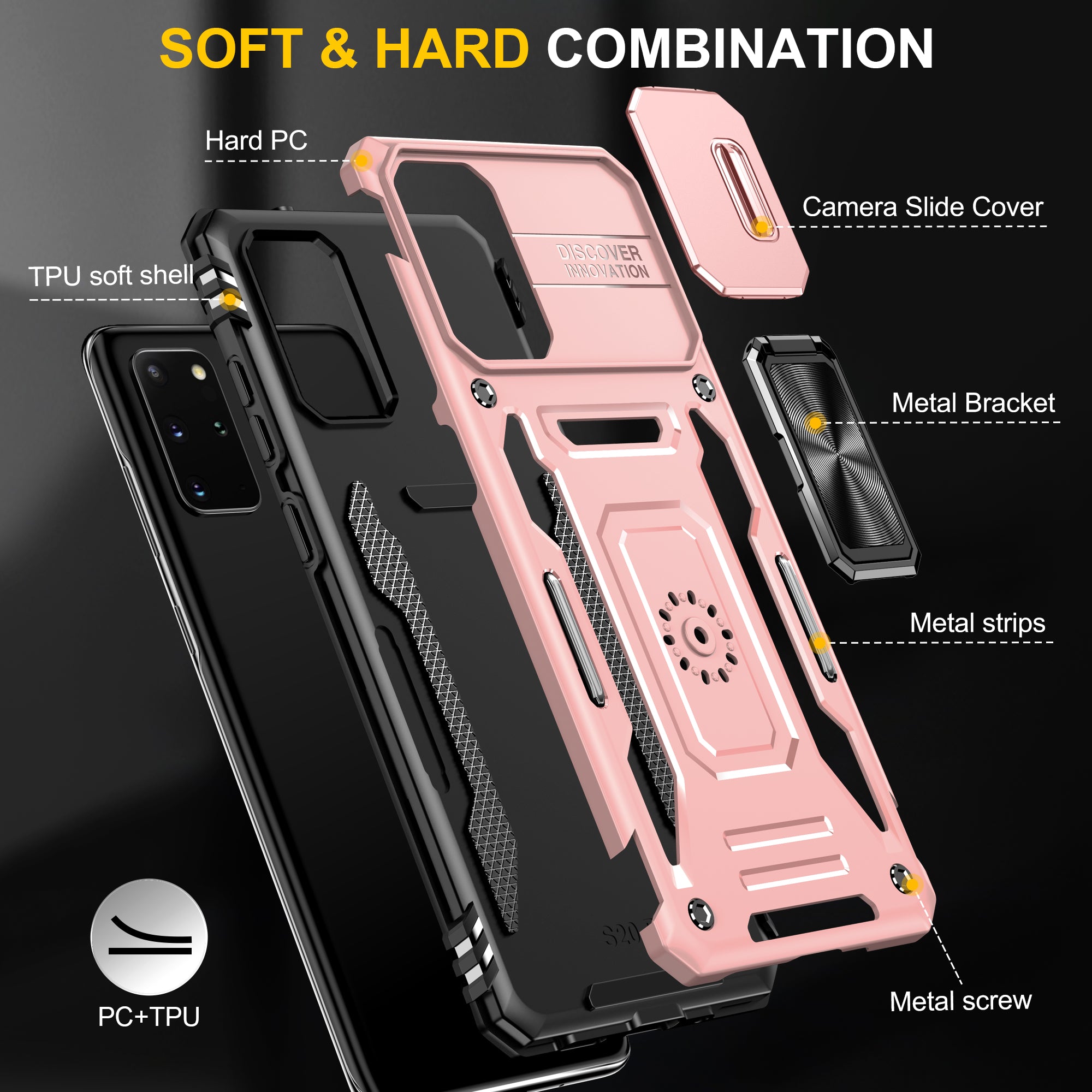 Armor Series for Samsung Galaxy S20 Plus 4G / 5G PC + TPU Anti-drop Phone Case Kickstand Back Cover with Slide Camera Protector - Rose Gold