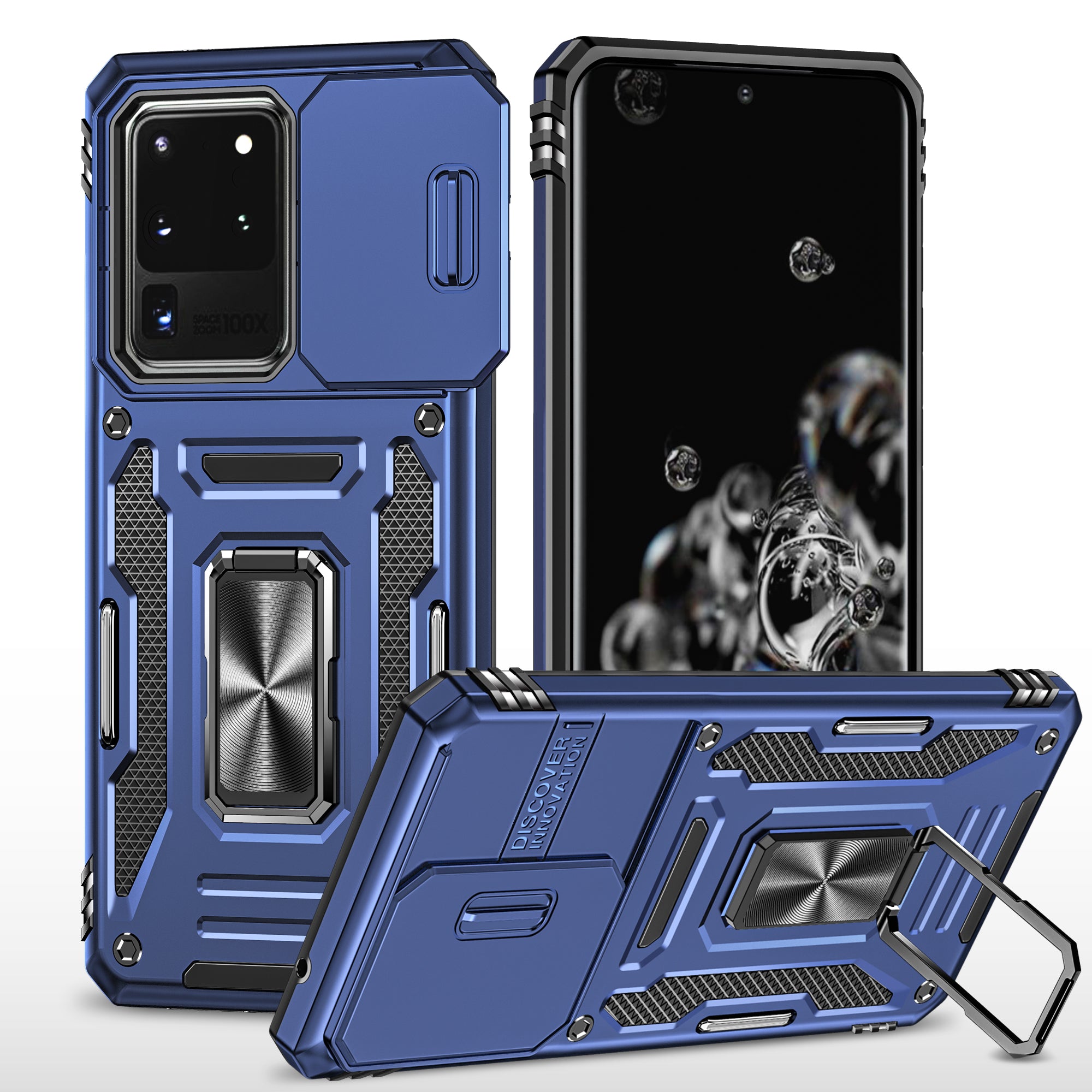 Armor Series for Samsung Galaxy S20 Ultra Kickstand PC + TPU Hybrid Cover Protective Phone Case with Slide Camera Protector - Navy Blue