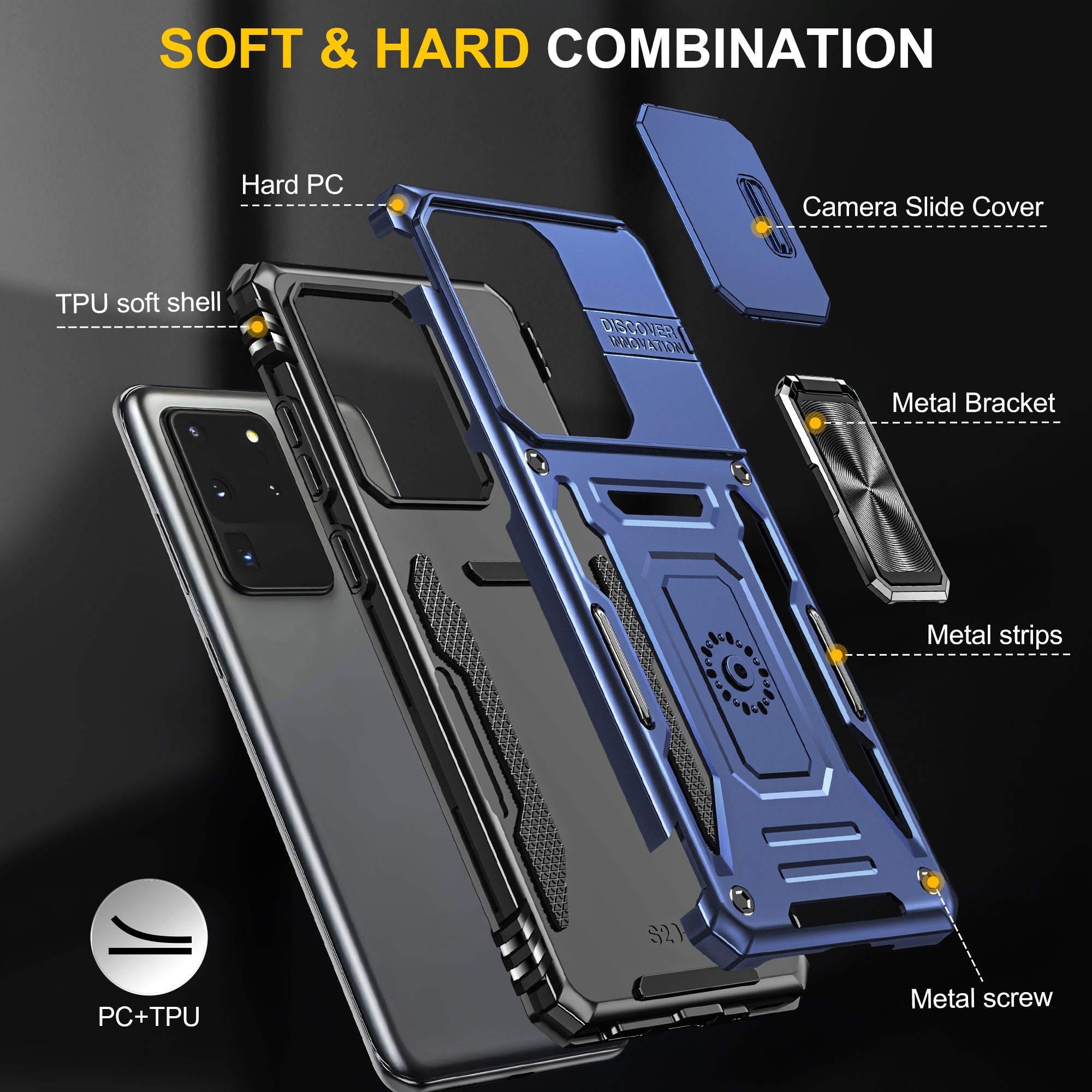 Armor Series for Samsung Galaxy S20 Ultra Kickstand PC + TPU Hybrid Cover Protective Phone Case with Slide Camera Protector - Navy Blue