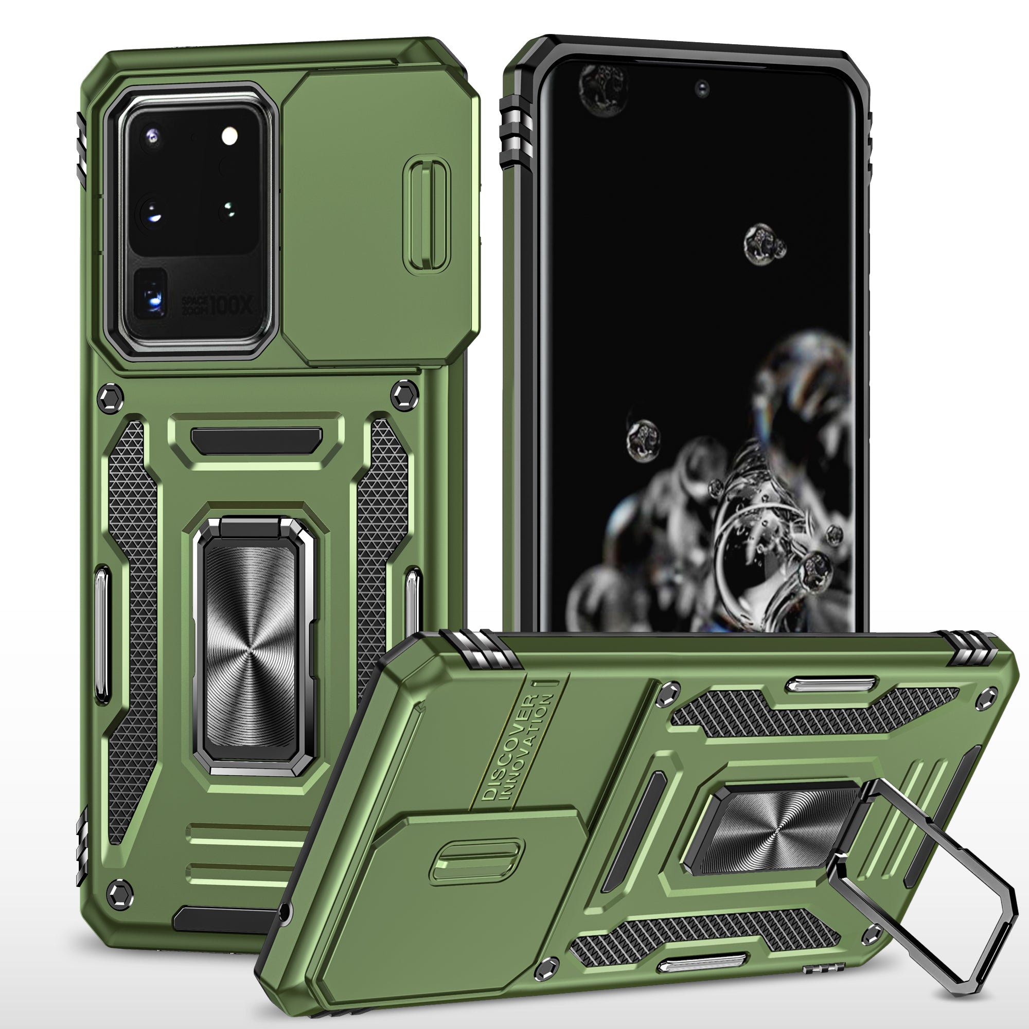 Armor Series for Samsung Galaxy S20 Ultra Kickstand PC + TPU Hybrid Cover Protective Phone Case with Slide Camera Protector - Olive Green