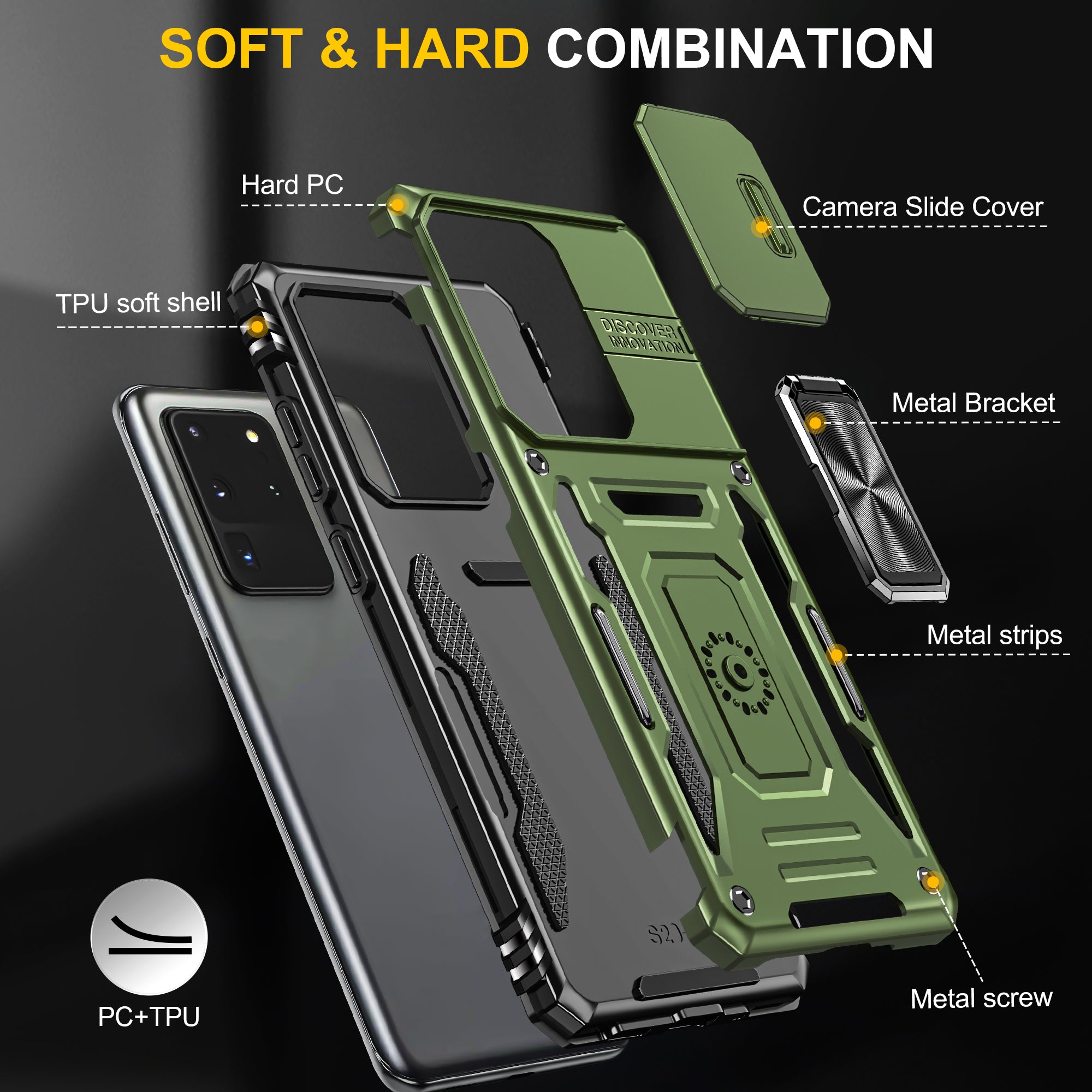 Armor Series for Samsung Galaxy S20 Ultra Kickstand PC + TPU Hybrid Cover Protective Phone Case with Slide Camera Protector - Olive Green