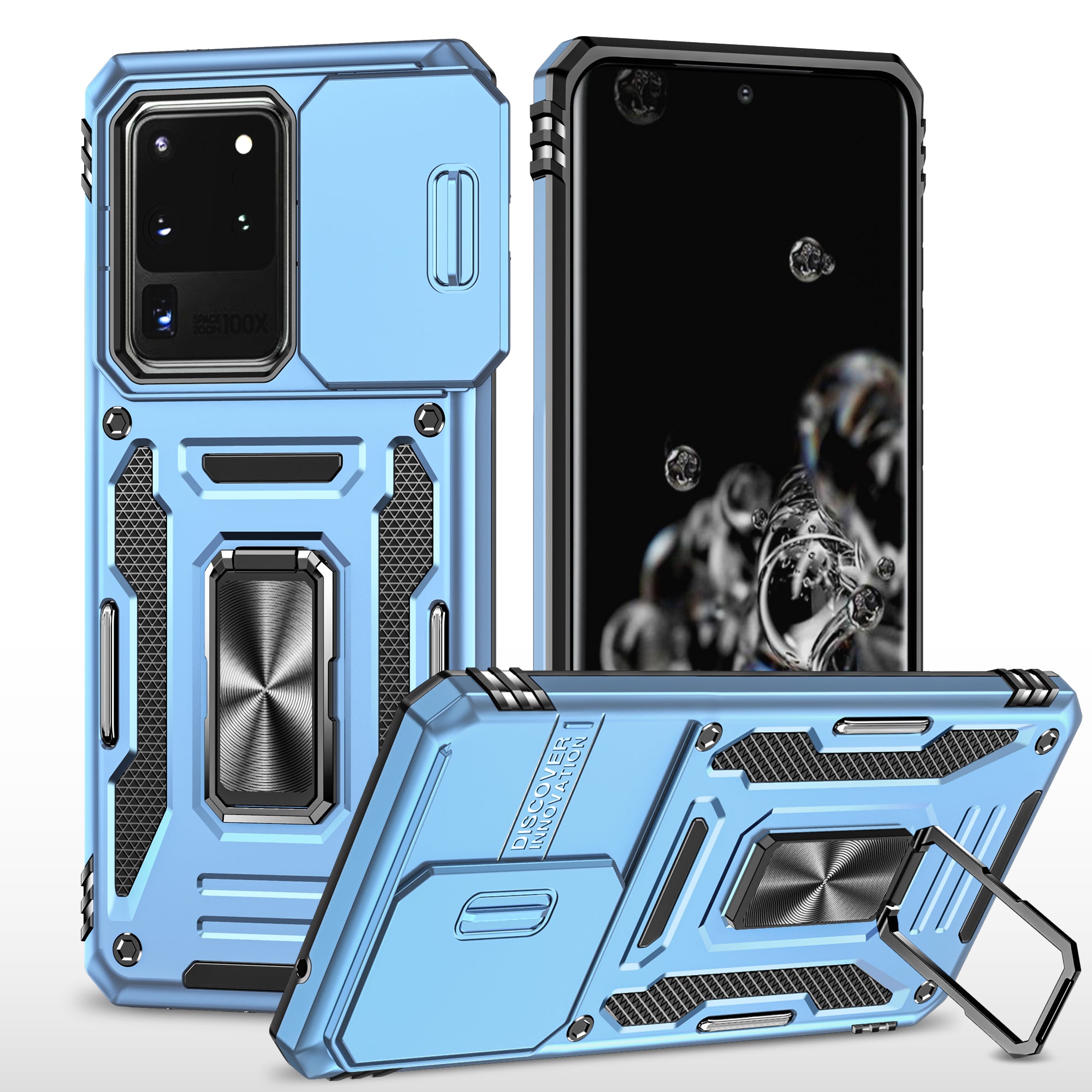 Armor Series for Samsung Galaxy S20 Ultra Kickstand PC + TPU Hybrid Cover Protective Phone Case with Slide Camera Protector - Sky Blue