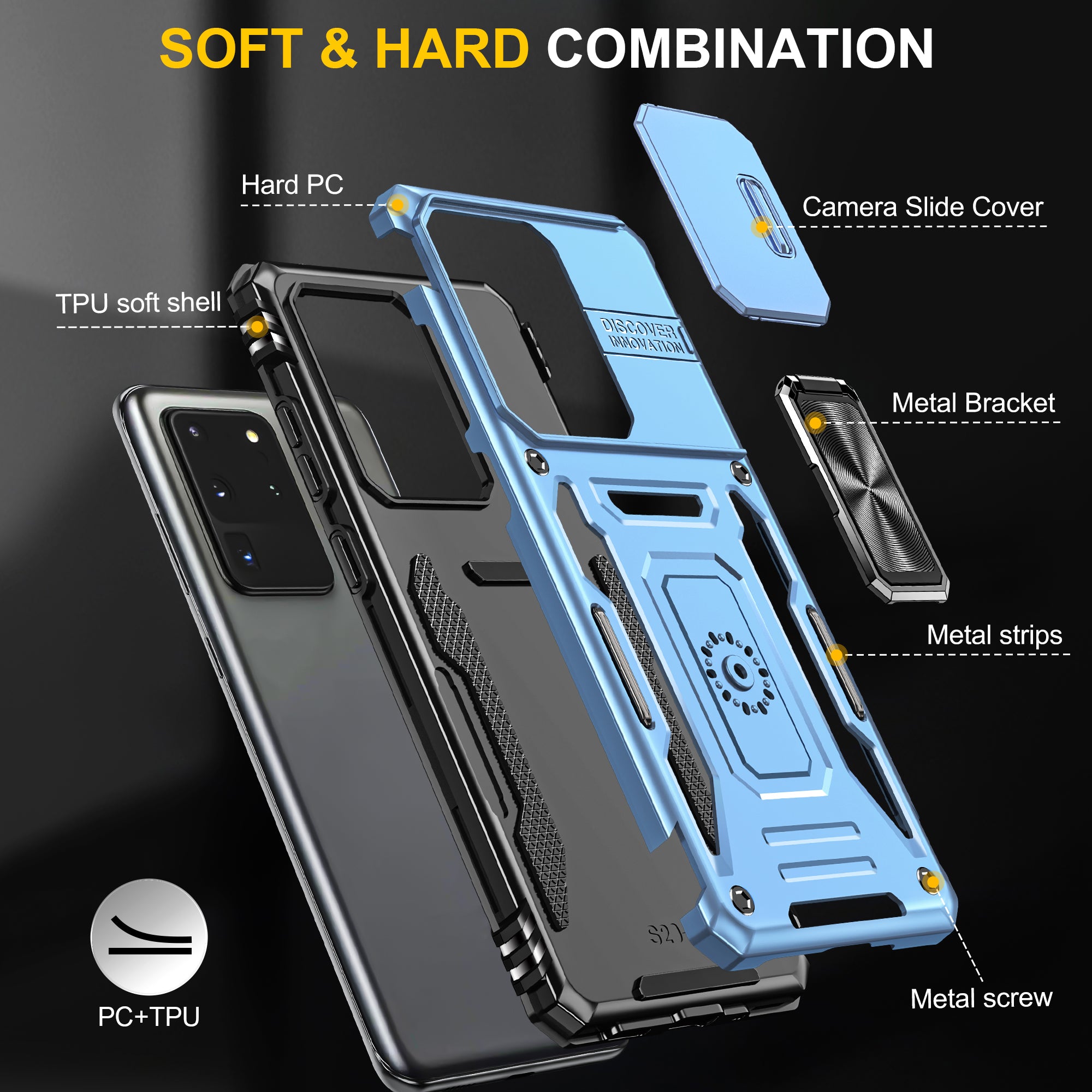 Armor Series for Samsung Galaxy S20 Ultra Kickstand PC + TPU Hybrid Cover Protective Phone Case with Slide Camera Protector - Sky Blue