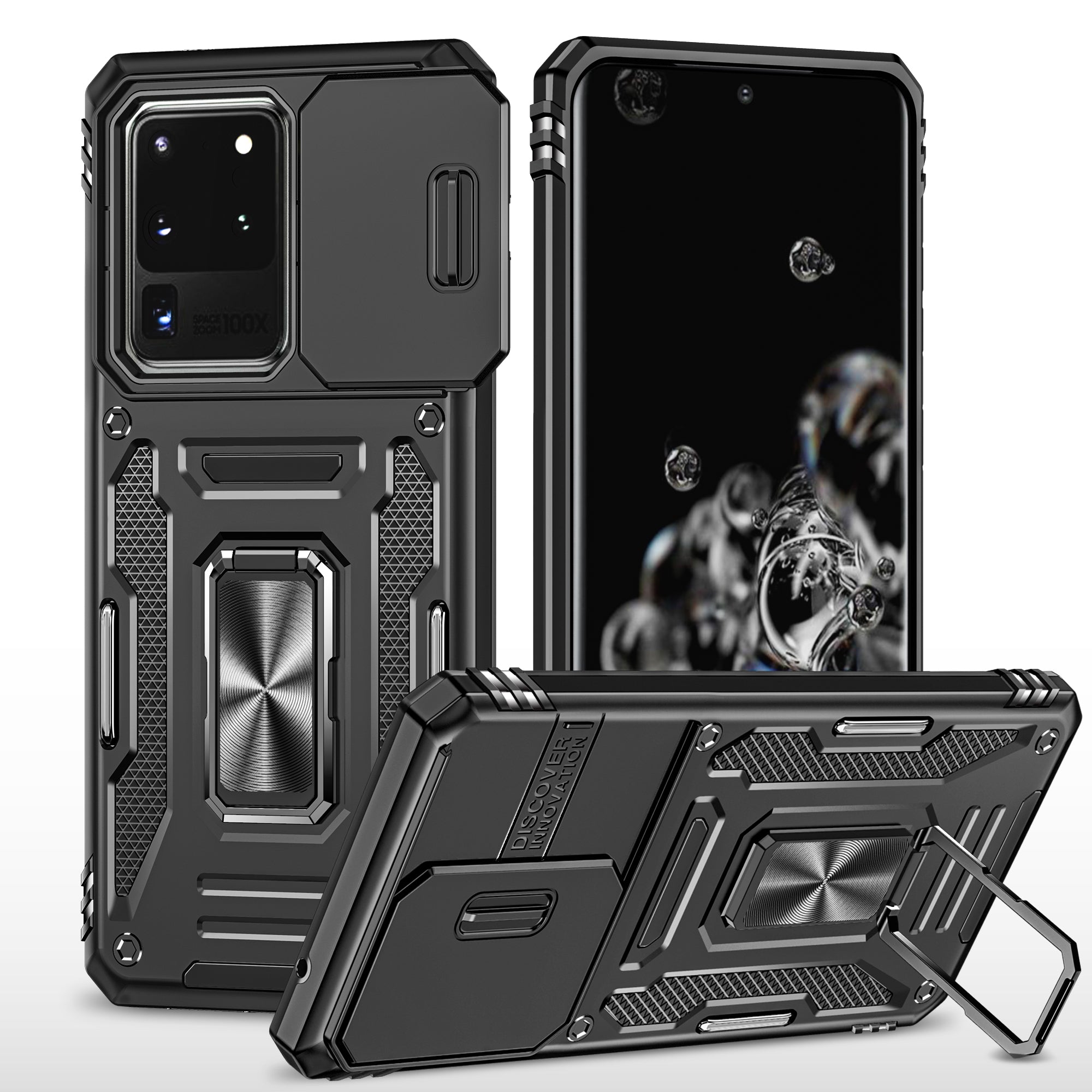 Armor Series for Samsung Galaxy S20 Ultra Kickstand PC + TPU Hybrid Cover Protective Phone Case with Slide Camera Protector - Black