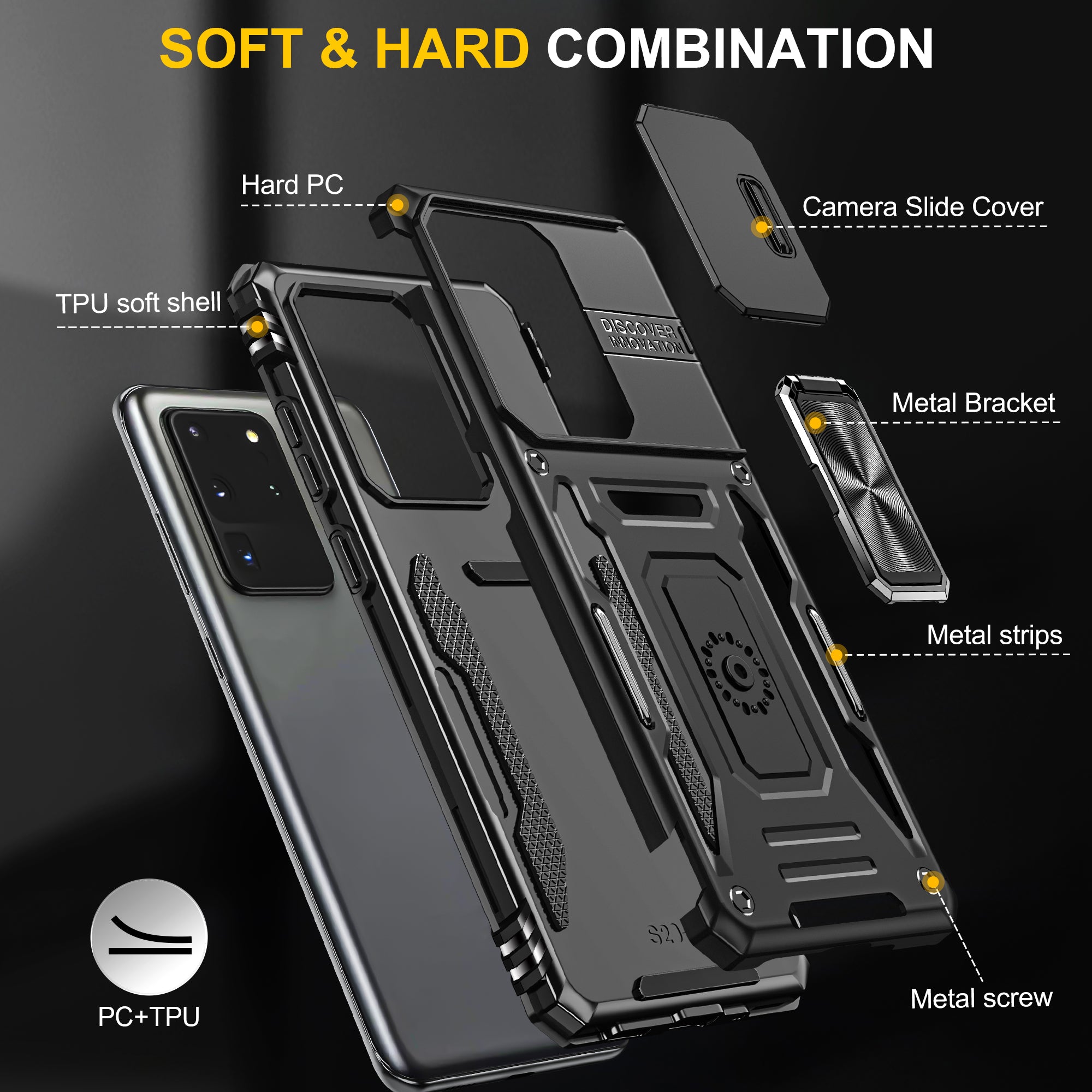 Armor Series for Samsung Galaxy S20 Ultra Kickstand PC + TPU Hybrid Cover Protective Phone Case with Slide Camera Protector - Black