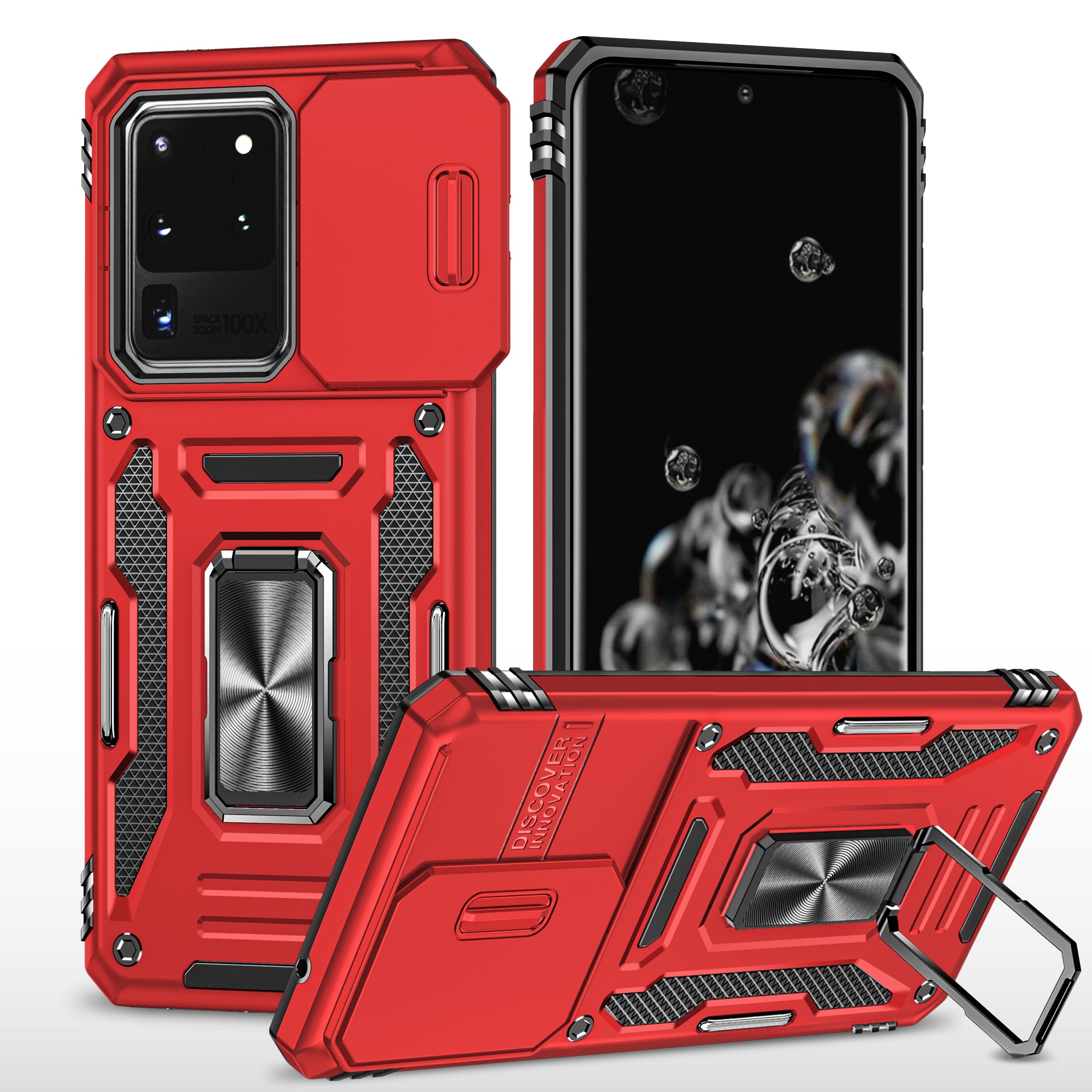 Armor Series for Samsung Galaxy S20 Ultra Kickstand PC + TPU Hybrid Cover Protective Phone Case with Slide Camera Protector - Red