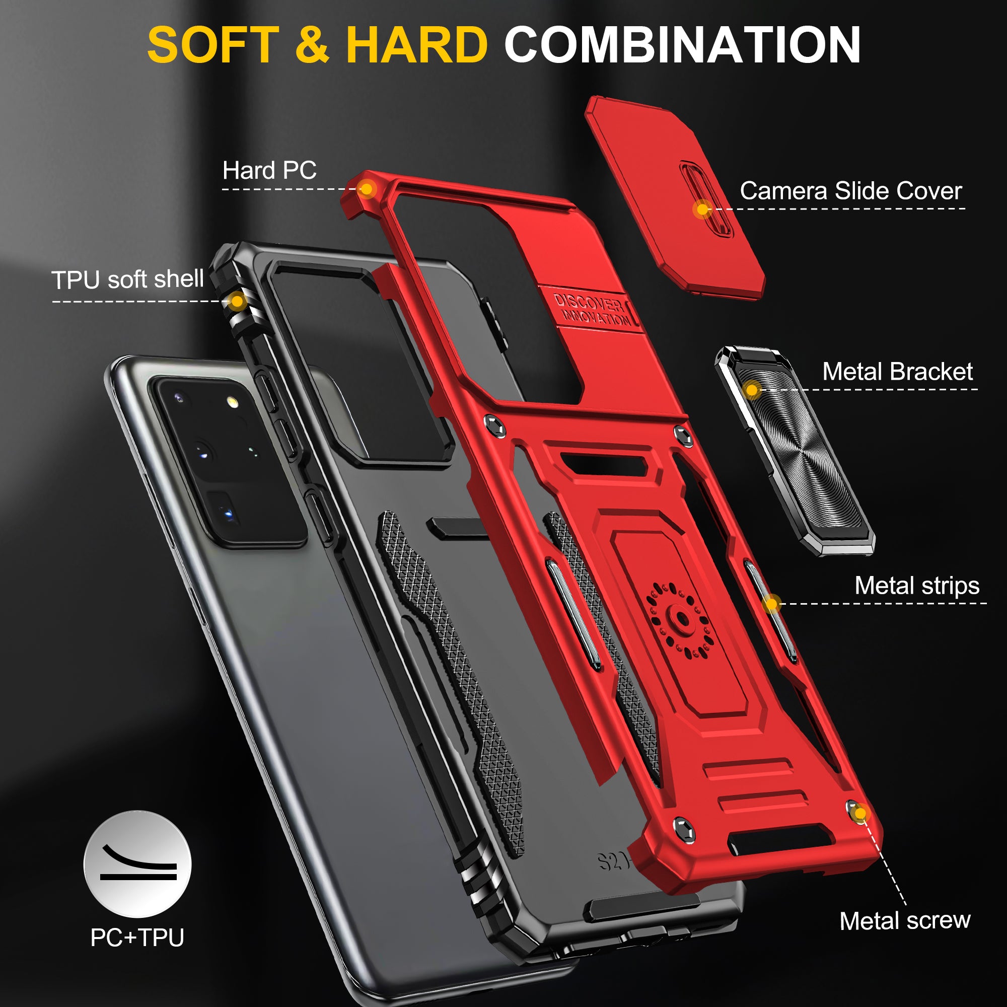 Armor Series for Samsung Galaxy S20 Ultra Kickstand PC + TPU Hybrid Cover Protective Phone Case with Slide Camera Protector - Red