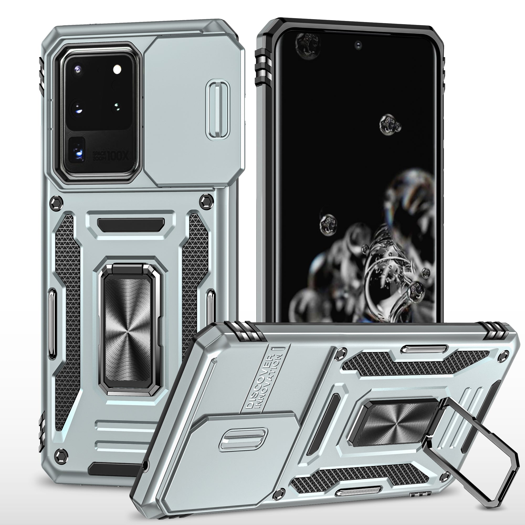 Armor Series for Samsung Galaxy S20 Ultra Kickstand PC + TPU Hybrid Cover Protective Phone Case with Slide Camera Protector - Grey