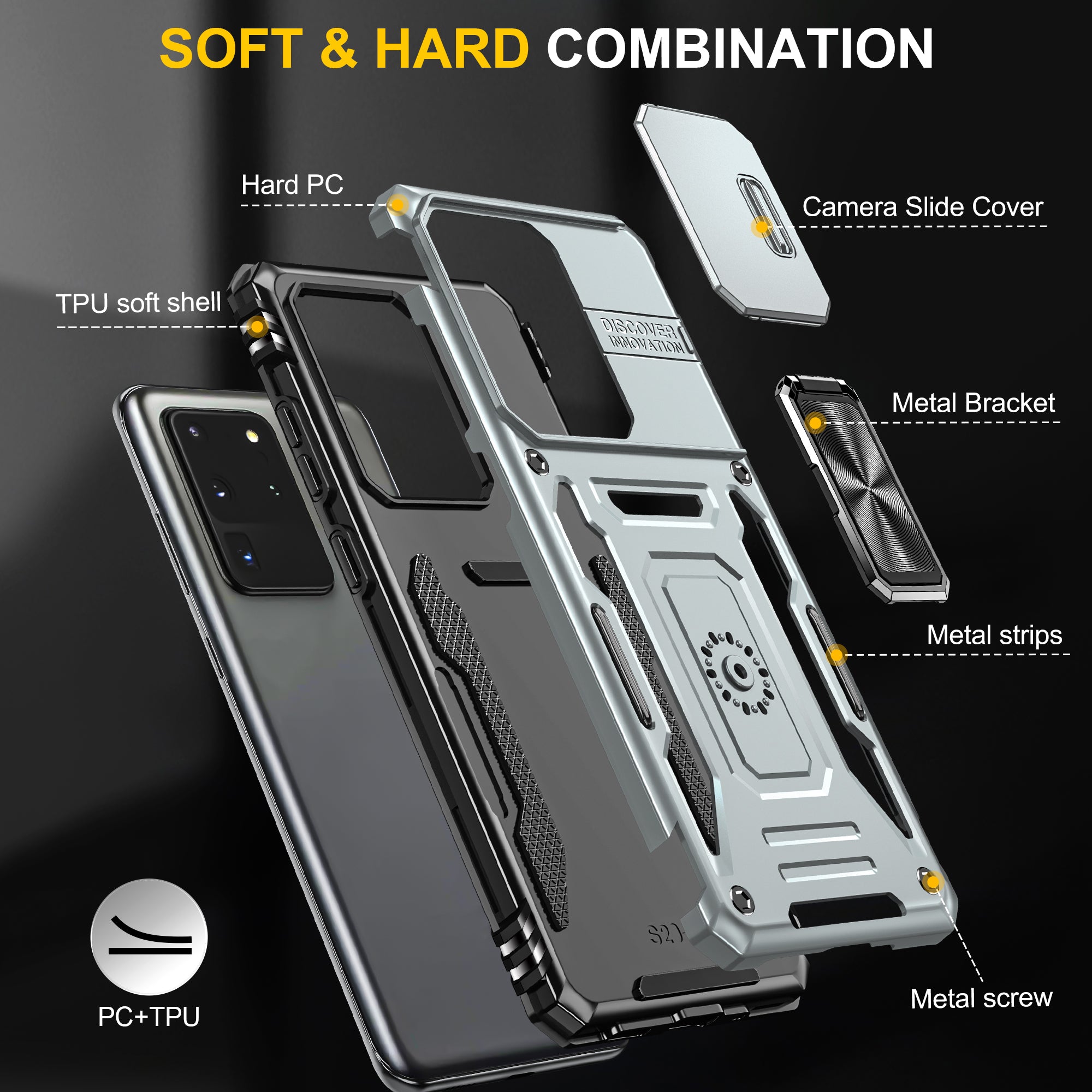 Armor Series for Samsung Galaxy S20 Ultra Kickstand PC + TPU Hybrid Cover Protective Phone Case with Slide Camera Protector - Grey