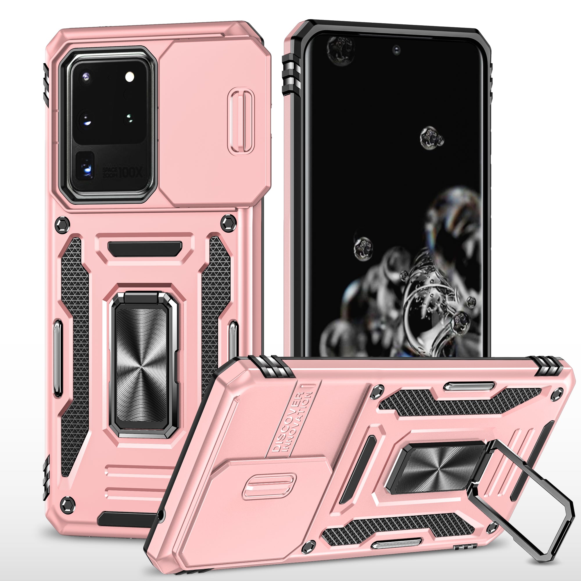 Armor Series for Samsung Galaxy S20 Ultra Kickstand PC + TPU Hybrid Cover Protective Phone Case with Slide Camera Protector - Rose Gold