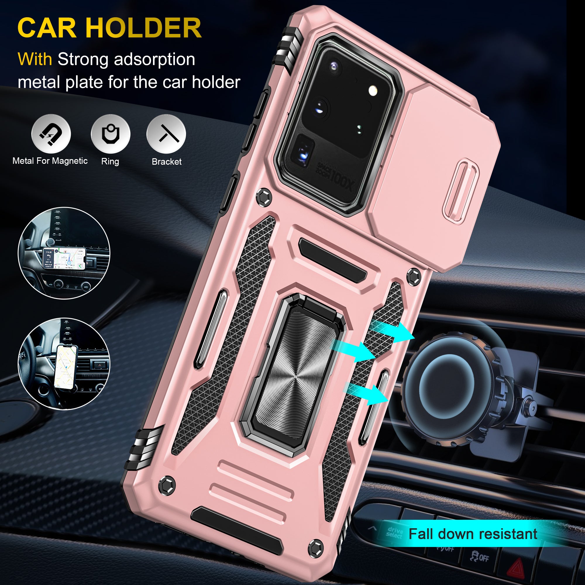 Armor Series for Samsung Galaxy S20 Ultra Kickstand PC + TPU Hybrid Cover Protective Phone Case with Slide Camera Protector - Rose Gold