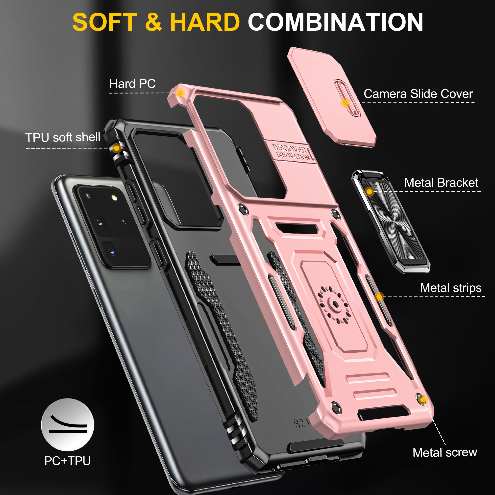 Armor Series for Samsung Galaxy S20 Ultra Kickstand PC + TPU Hybrid Cover Protective Phone Case with Slide Camera Protector - Rose Gold