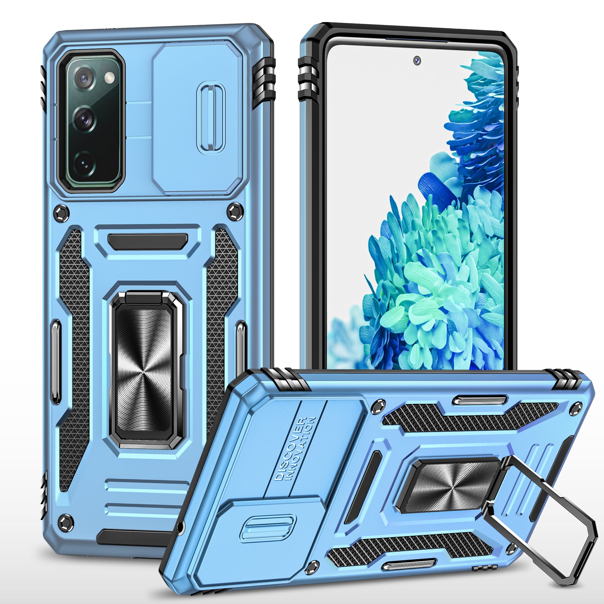 Armor Series for Samsung Galaxy S20 FE 4G / 5G / S20 FE 2022 / S20 Lite Kickstand Design Shockproof Phone Case PC + TPU Protective Back Cover with Slide Camera Cover - Sky Blue