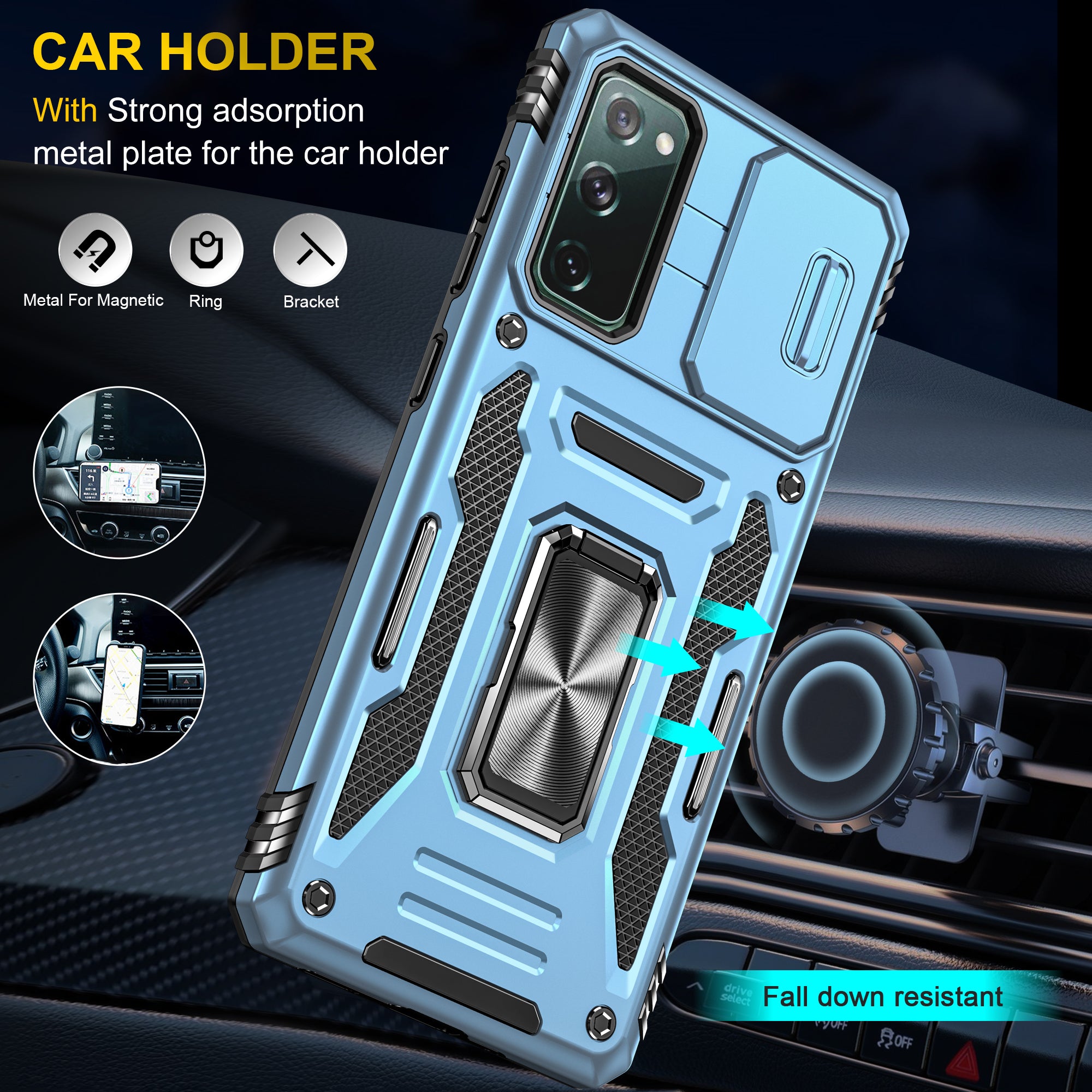 Armor Series for Samsung Galaxy S20 FE 4G / 5G / S20 FE 2022 / S20 Lite Kickstand Design Shockproof Phone Case PC + TPU Protective Back Cover with Slide Camera Cover - Sky Blue