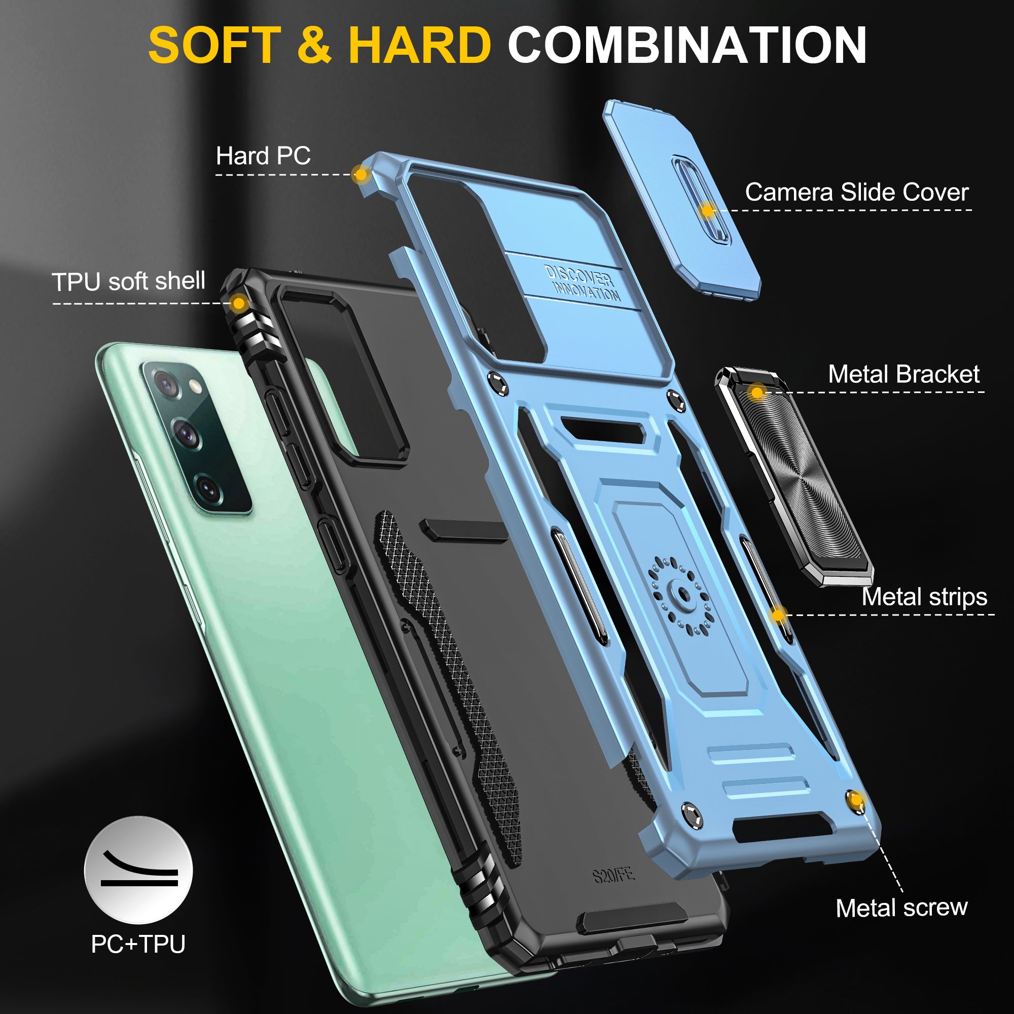 Armor Series for Samsung Galaxy S20 FE 4G / 5G / S20 FE 2022 / S20 Lite Kickstand Design Shockproof Phone Case PC + TPU Protective Back Cover with Slide Camera Cover - Sky Blue