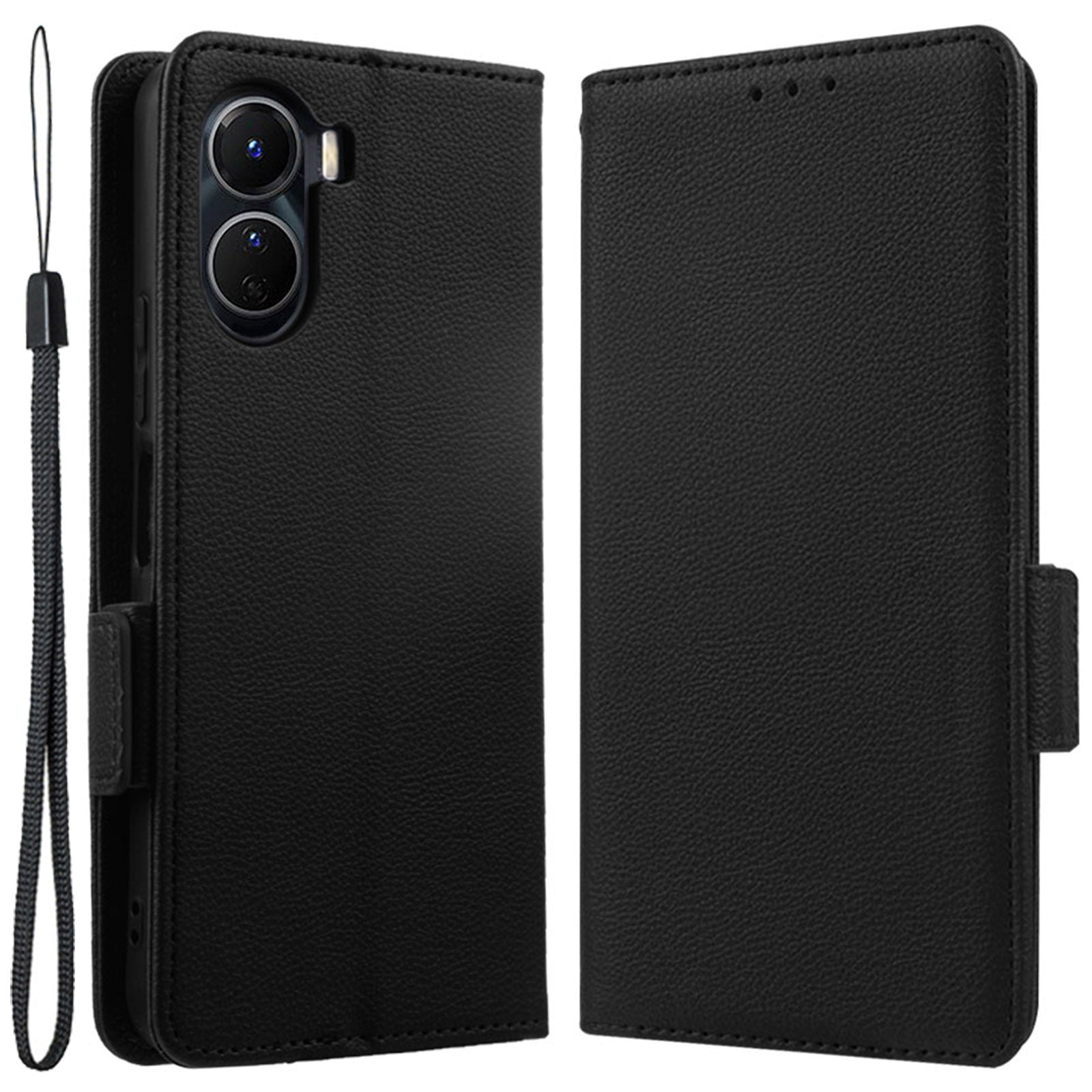 For vivo Y16 4G / Y02s 4G / Y35 5G / Y35m 5G / Y53t 5G / Y56 5G / iQOO Z7i / T2x (India) 5G Phone Case PU Leather Shockproof Flip Stand Magnetic Protective Cover Litchi Texture Wallet with Strap - Black