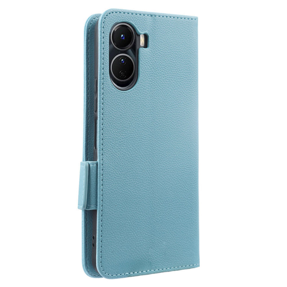 For vivo Y16 4G / Y02s 4G / Y35 5G / Y35m 5G / Y53t 5G / Y56 5G / iQOO Z7i / T2x (India) 5G Phone Case PU Leather Shockproof Flip Stand Magnetic Protective Cover Litchi Texture Wallet with Strap - Baby Blue