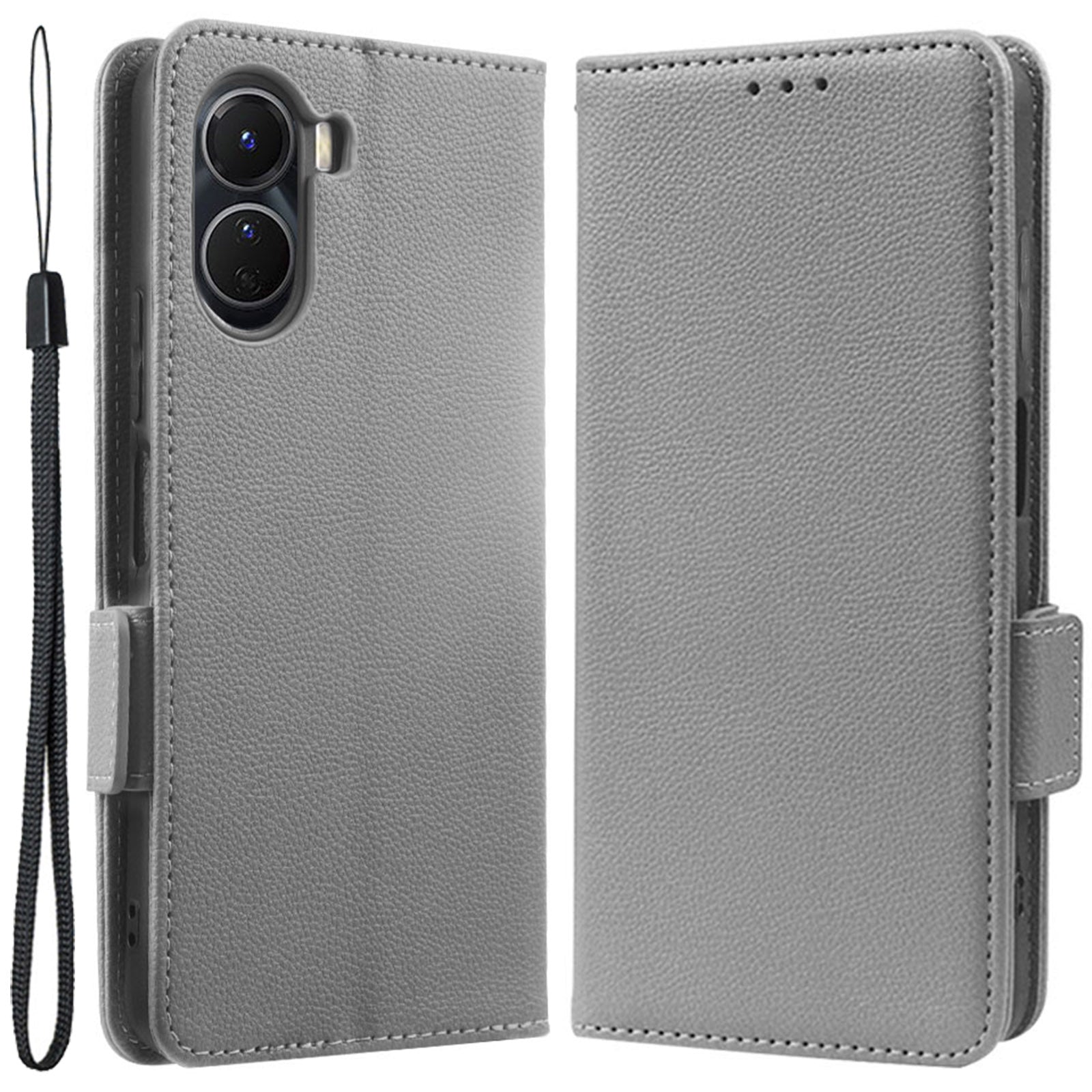 For vivo Y16 4G / Y02s 4G / Y35 5G / Y35m 5G / Y53t 5G / Y56 5G / iQOO Z7i / T2x (India) 5G Phone Case PU Leather Shockproof Flip Stand Magnetic Protective Cover Litchi Texture Wallet with Strap - Grey