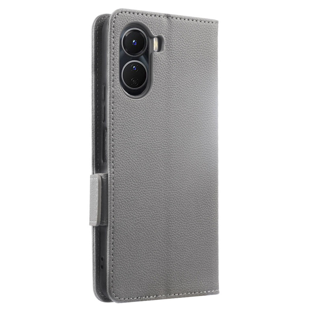 For vivo Y16 4G / Y02s 4G / Y35 5G / Y35m 5G / Y53t 5G / Y56 5G / iQOO Z7i / T2x (India) 5G Phone Case PU Leather Shockproof Flip Stand Magnetic Protective Cover Litchi Texture Wallet with Strap - Grey