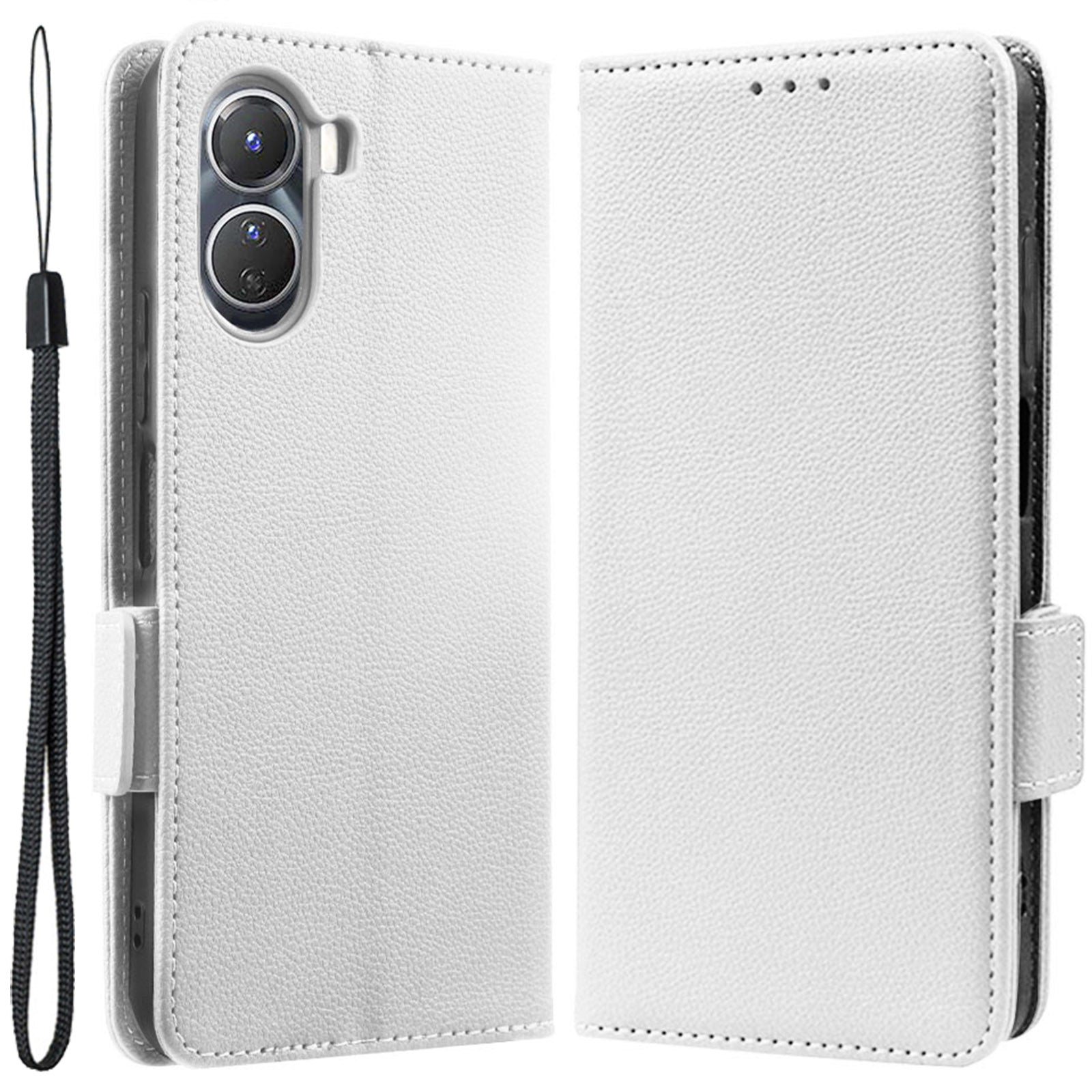 For vivo Y16 4G / Y02s 4G / Y35 5G / Y35m 5G / Y53t 5G / Y56 5G / iQOO Z7i / T2x (India) 5G Phone Case PU Leather Shockproof Flip Stand Magnetic Protective Cover Litchi Texture Wallet with Strap - White