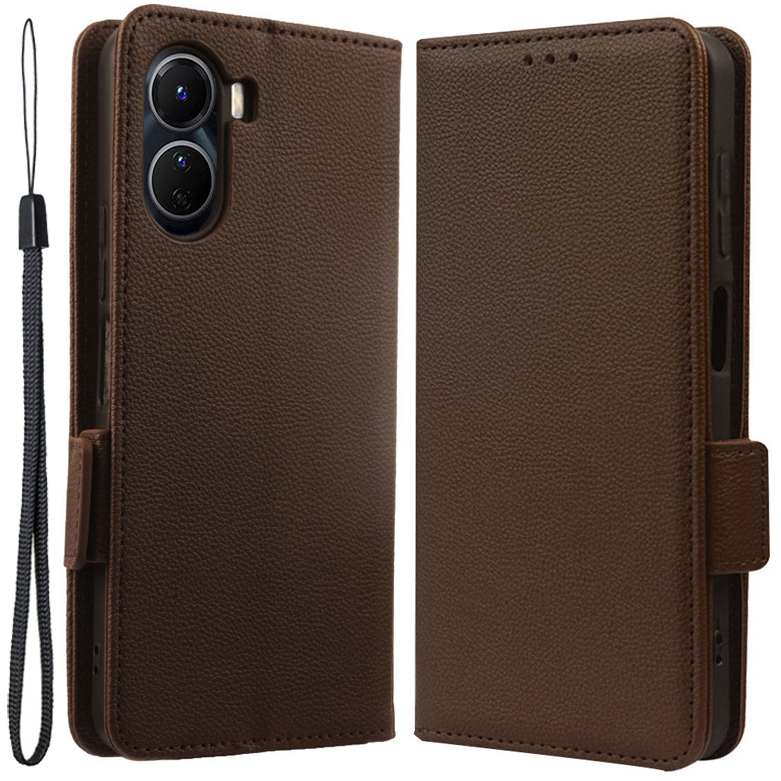 For vivo Y16 4G / Y02s 4G / Y35 5G / Y35m 5G / Y53t 5G / Y56 5G / iQOO Z7i / T2x (India) 5G Phone Case PU Leather Shockproof Flip Stand Magnetic Protective Cover Litchi Texture Wallet with Strap - Brown