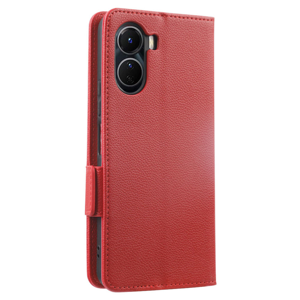 For vivo Y16 4G / Y02s 4G / Y35 5G / Y35m 5G / Y53t 5G / Y56 5G / iQOO Z7i / T2x (India) 5G Phone Case PU Leather Shockproof Flip Stand Magnetic Protective Cover Litchi Texture Wallet with Strap - Red