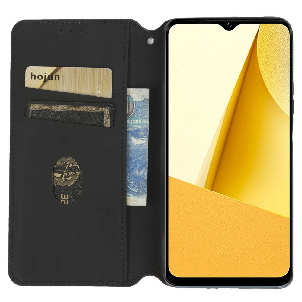 For vivo Y16 4G / Y02s 4G / Y35 5G / Y35m 5G / Y53t 5G / Y56 5G / iQOO Z7i / T2x (India) 5G Stand Wallet Phone Case, Full Coverage Imprinted Rhombus Pattern PU Leather Magnetic Auto-absorbed Folio Flip Cover - Black