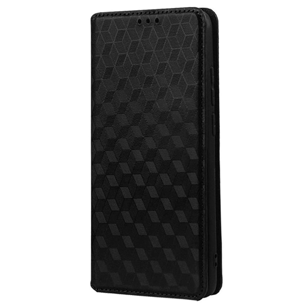 For vivo Y16 4G / Y02s 4G / Y35 5G / Y35m 5G / Y53t 5G / Y56 5G / iQOO Z7i / T2x (India) 5G Stand Wallet Phone Case, Full Coverage Imprinted Rhombus Pattern PU Leather Magnetic Auto-absorbed Folio Flip Cover - Black