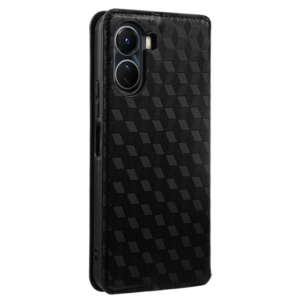 For vivo Y16 4G / Y02s 4G / Y35 5G / Y35m 5G / Y53t 5G / Y56 5G / iQOO Z7i / T2x (India) 5G Stand Wallet Phone Case, Full Coverage Imprinted Rhombus Pattern PU Leather Magnetic Auto-absorbed Folio Flip Cover - Black