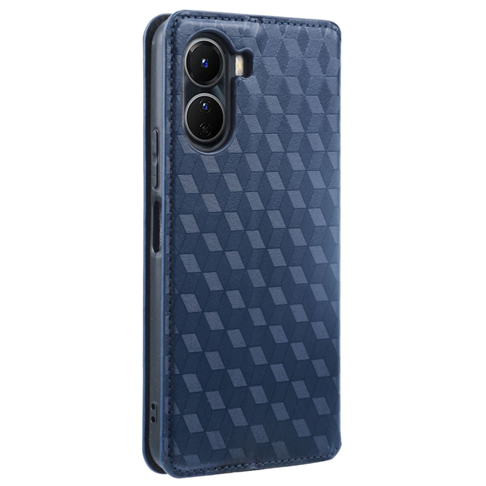 For vivo Y16 4G / Y02s 4G / Y35 5G / Y35m 5G / Y53t 5G / Y56 5G / iQOO Z7i / T2x (India) 5G Stand Wallet Phone Case, Full Coverage Imprinted Rhombus Pattern PU Leather Magnetic Auto-absorbed Folio Flip Cover - Blue