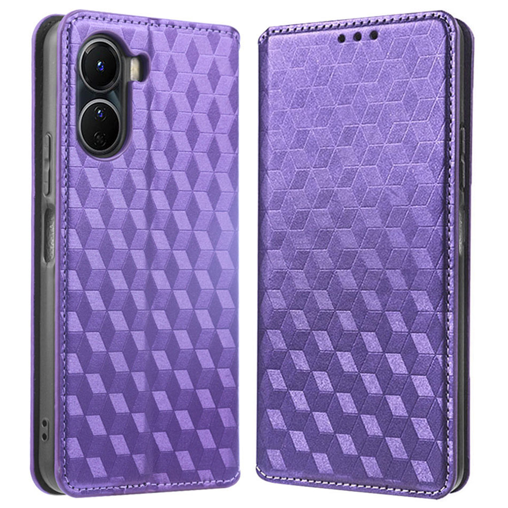 For vivo Y16 4G / Y02s 4G / Y35 5G / Y35m 5G / Y53t 5G / Y56 5G / iQOO Z7i / T2x (India) 5G Stand Wallet Phone Case, Full Coverage Imprinted Rhombus Pattern PU Leather Magnetic Auto-absorbed Folio Flip Cover - Purple