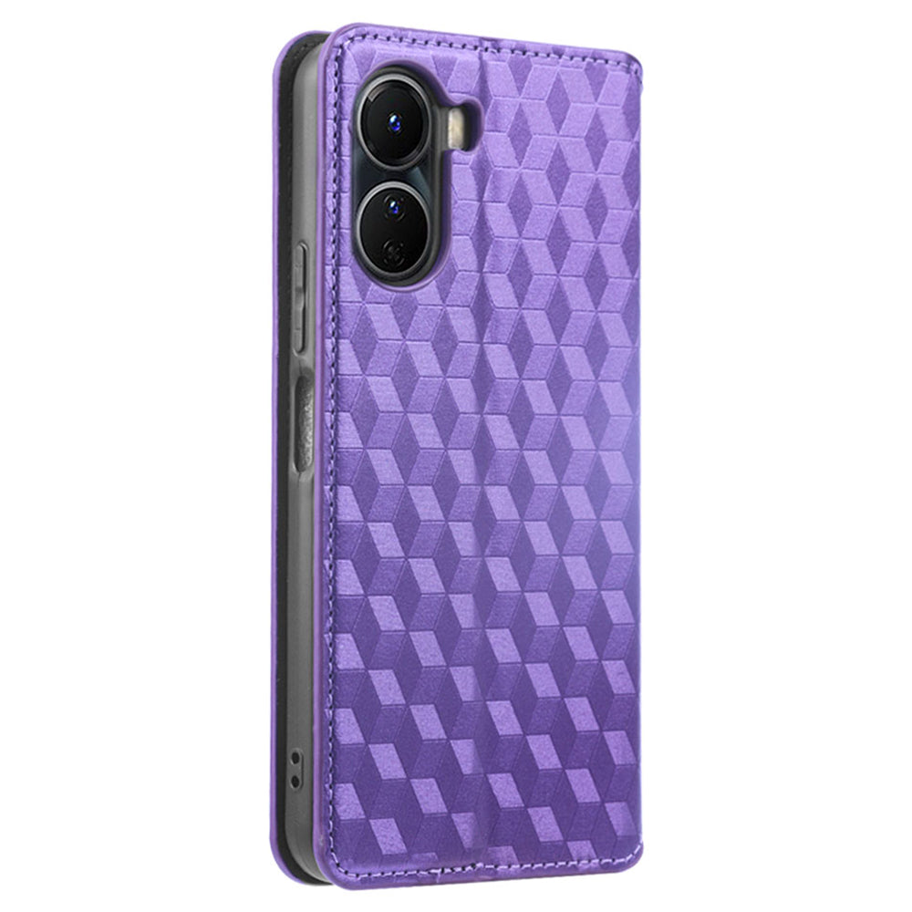 For vivo Y16 4G / Y02s 4G / Y35 5G / Y35m 5G / Y53t 5G / Y56 5G / iQOO Z7i / T2x (India) 5G Stand Wallet Phone Case, Full Coverage Imprinted Rhombus Pattern PU Leather Magnetic Auto-absorbed Folio Flip Cover - Purple