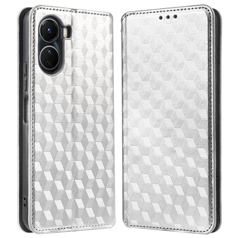 For vivo Y16 4G / Y02s 4G / Y35 5G / Y35m 5G / Y53t 5G / Y56 5G / iQOO Z7i / T2x (India) 5G Stand Wallet Phone Case, Full Coverage Imprinted Rhombus Pattern PU Leather Magnetic Auto-absorbed Folio Flip Cover - Silver