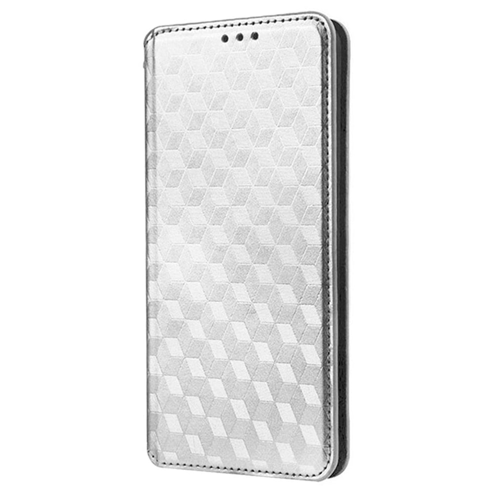 For vivo Y16 4G / Y02s 4G / Y35 5G / Y35m 5G / Y53t 5G / Y56 5G / iQOO Z7i / T2x (India) 5G Stand Wallet Phone Case, Full Coverage Imprinted Rhombus Pattern PU Leather Magnetic Auto-absorbed Folio Flip Cover - Silver