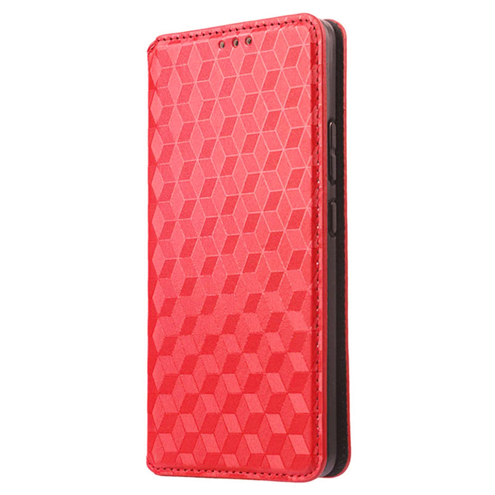 For vivo Y16 4G / Y02s 4G / Y35 5G / Y35m 5G / Y53t 5G / Y56 5G / iQOO Z7i / T2x (India) 5G Stand Wallet Phone Case, Full Coverage Imprinted Rhombus Pattern PU Leather Magnetic Auto-absorbed Folio Flip Cover - Red