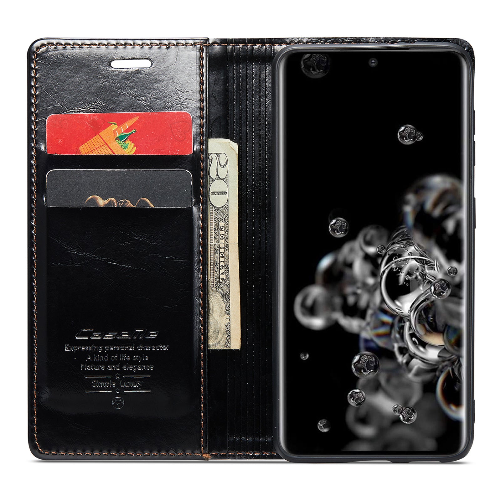 CASEME 003 Series For Samsung Galaxy S20 Ultra PU Leather Wallet Stand Case Waxy Texture Auto Closing Magnetic Phone Cover - Black